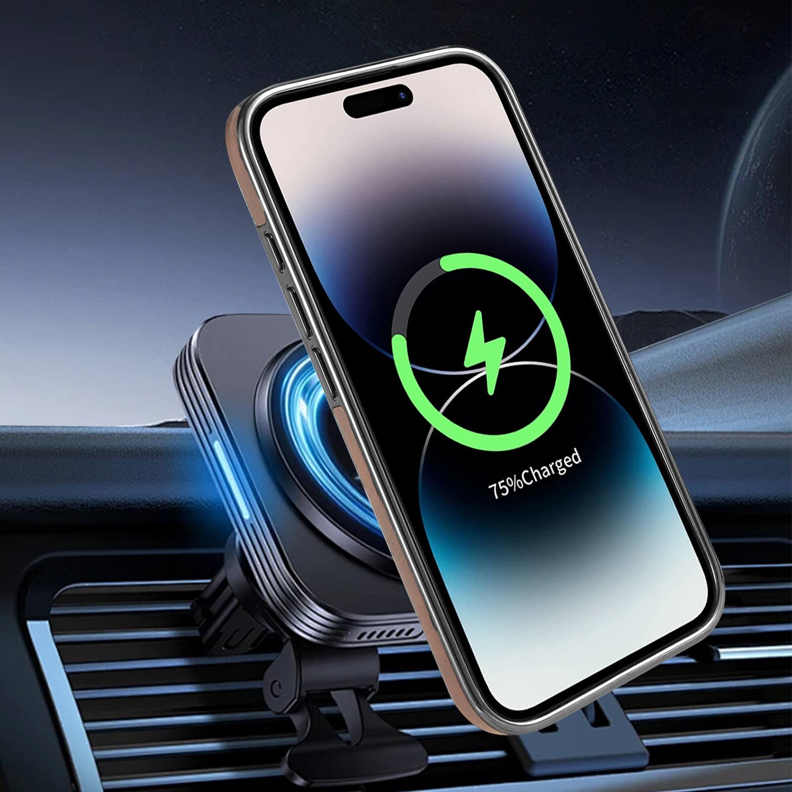 Angle. Dteck - Premium Leather Shockproof Non-Slip Magnetic Invisible Ring Stand Phone Case for Apple iPhone 17 Pro Max - Blue.
