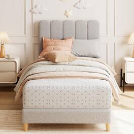 Qeetex - Twin XL Bed Frame Boucle Upholstered Platform Bed with Wave Headboard for Girls Boys Kids Easy Assembly Wooden Slats Sup - As Shown