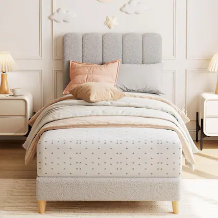 Front. Qeetex - Twin XL Bed Frame Boucle Upholstered Platform Bed with Wave Headboard for Girls Boys Kids Easy Assembly Wooden Slats Sup - As Shown.