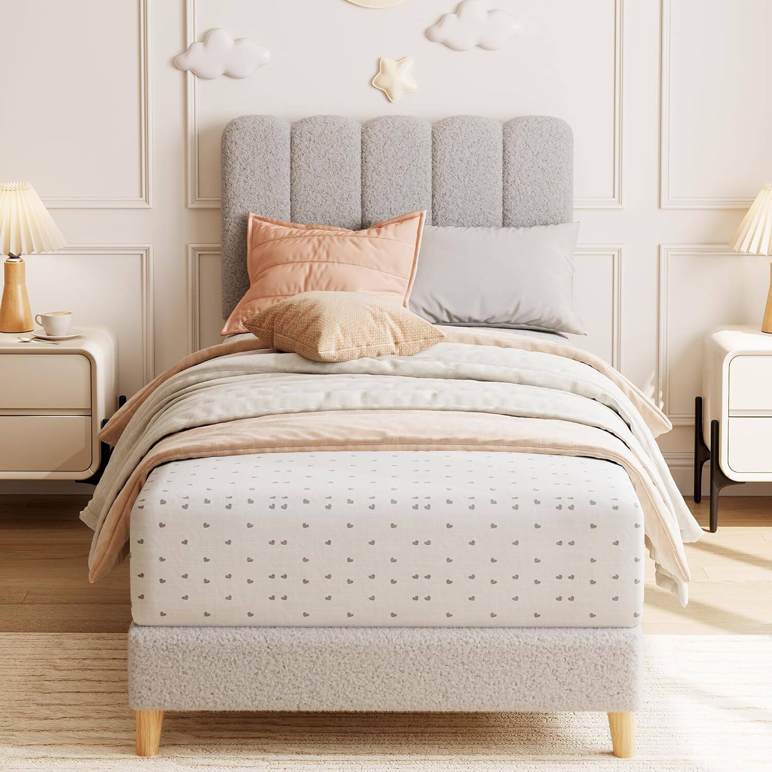 Front. Qeetex - Twin XL Bed Frame Boucle Upholstered Platform Bed with Wave Headboard for Girls Boys Kids Easy Assembly Wooden Slats Sup - As Shown.