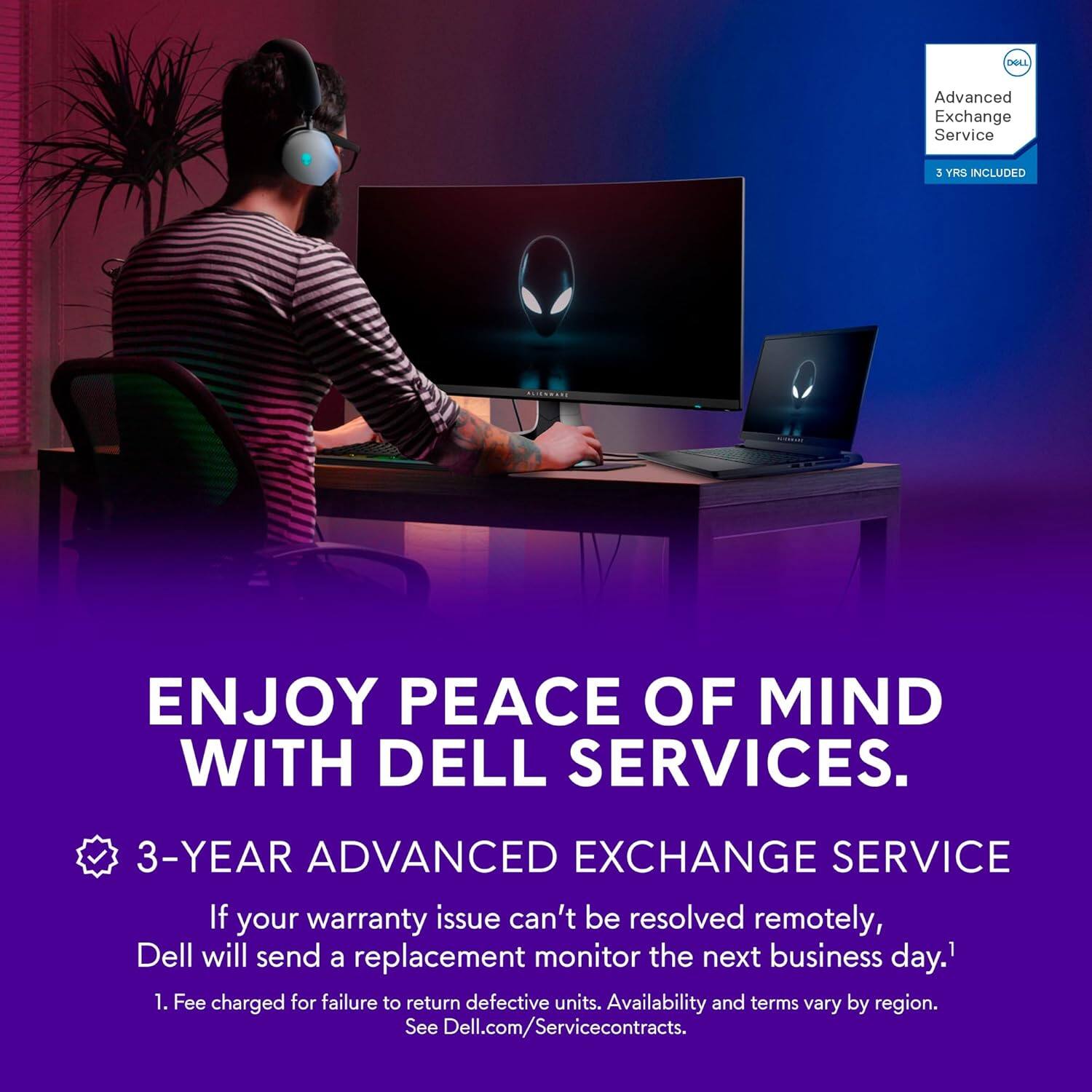 ENJOY PEACE OF MIND WITH DELL SERVICES.

3-YEAR ADVANCED EXCHANGE SERVICE

If your warranty issue can't be resolved remotely, Dell will send a replacement monitor the next business day.1

1. Fee charged for failure to return defective units. Availability and terms vary by region. See Dell.com/Servicecontracts.