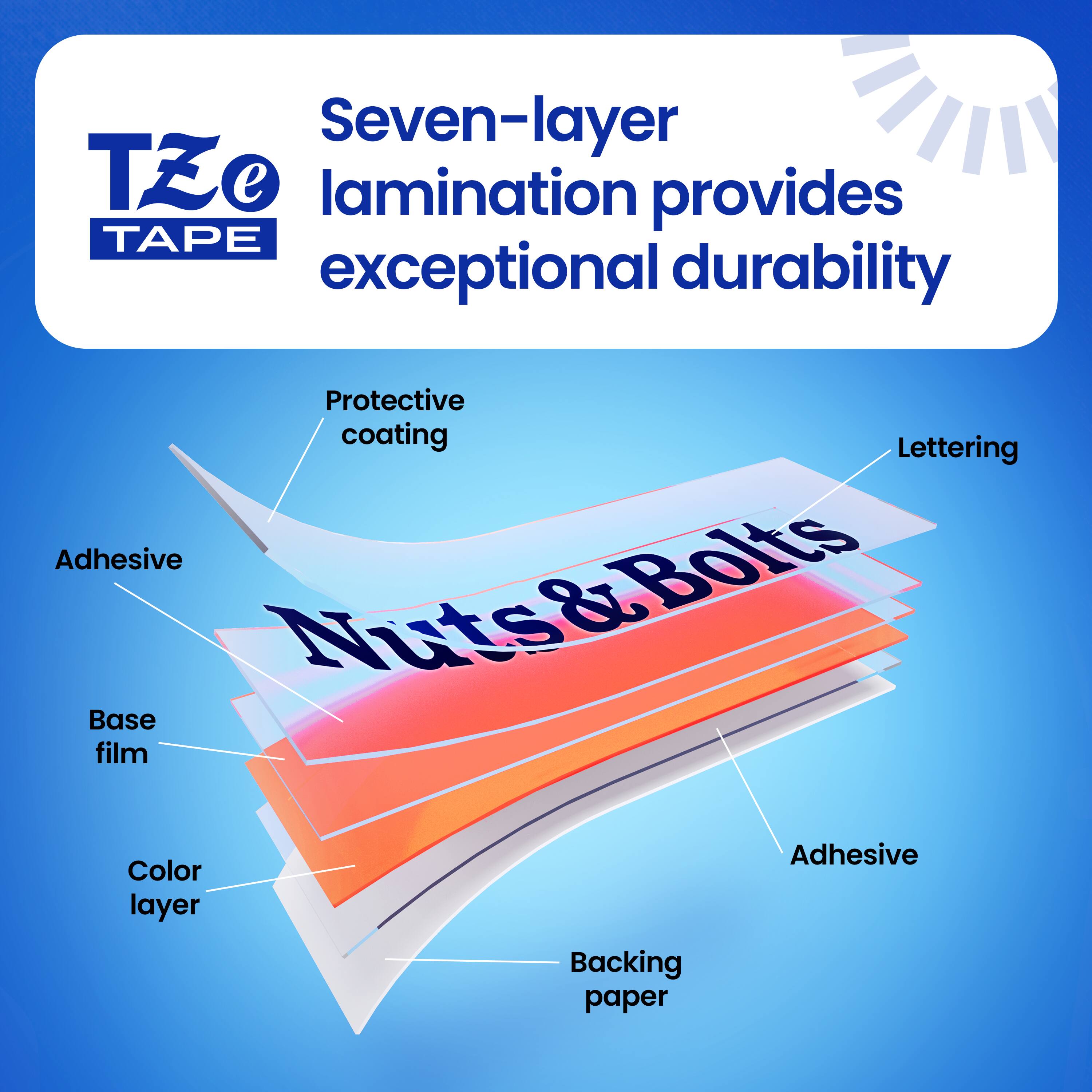 Seven-layer Tze e lamination provides exceptional durability. The protective coating, lettering, adhesive, and bolts are all part of the TAPE's design. The base film, color layer, backing paper, and adhesive are also essential components of the TAPE's construction.