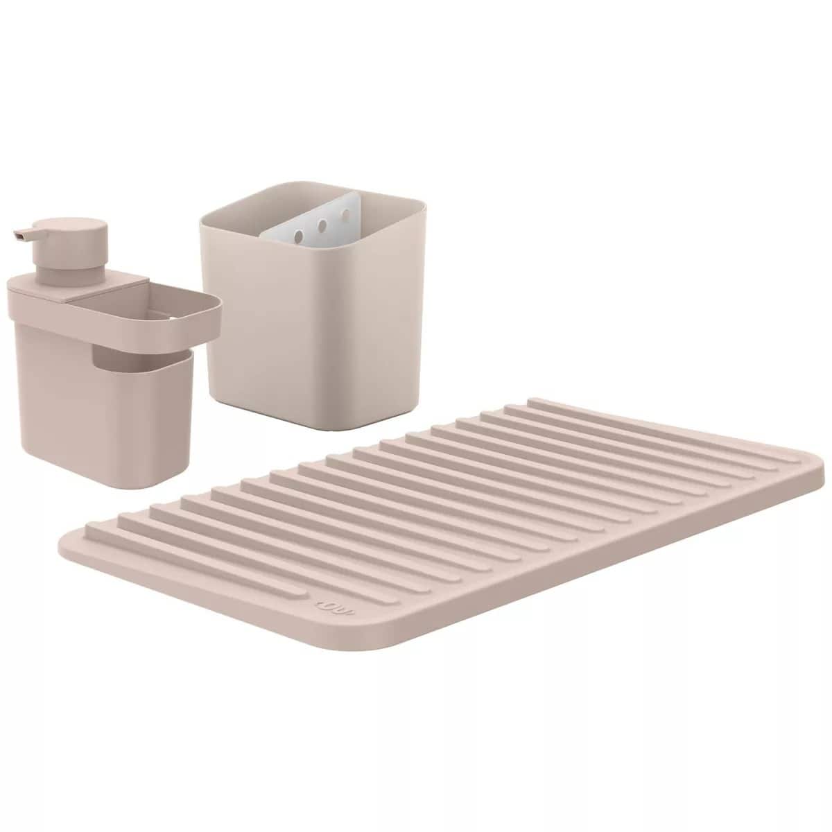 OU - Kitchen Sink Organizer Set 3pc, Drying Mat, Soap Dispenser with Sponge Holder & Cutlery Drainer - Beige