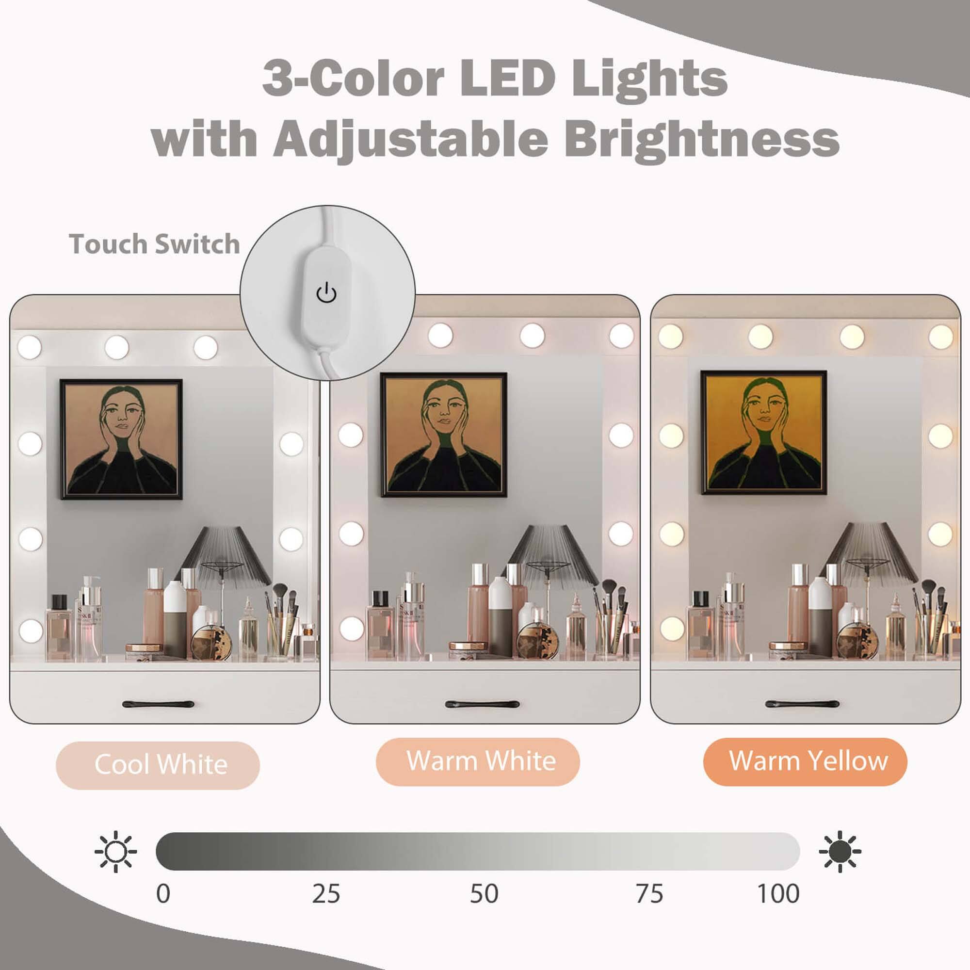 3-Color LED Lights with Adjustable Brightness Touch Switch: Cool White, Warm White, Warm Yellow.