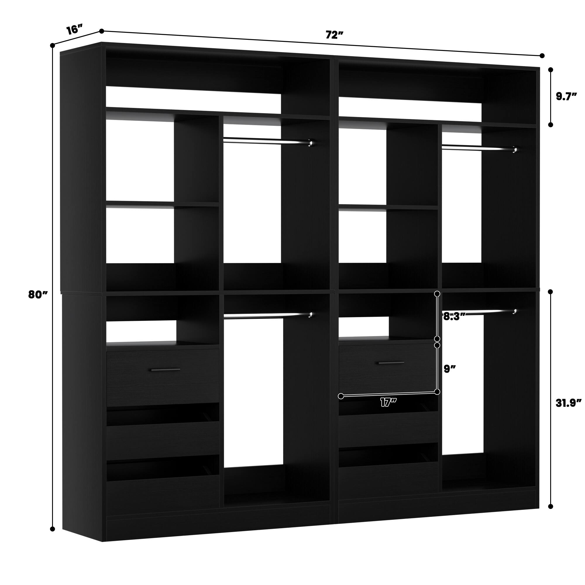 16" x 72" x 80"  
9.7"  
8:3"  
9"  
17"  
31.9"
