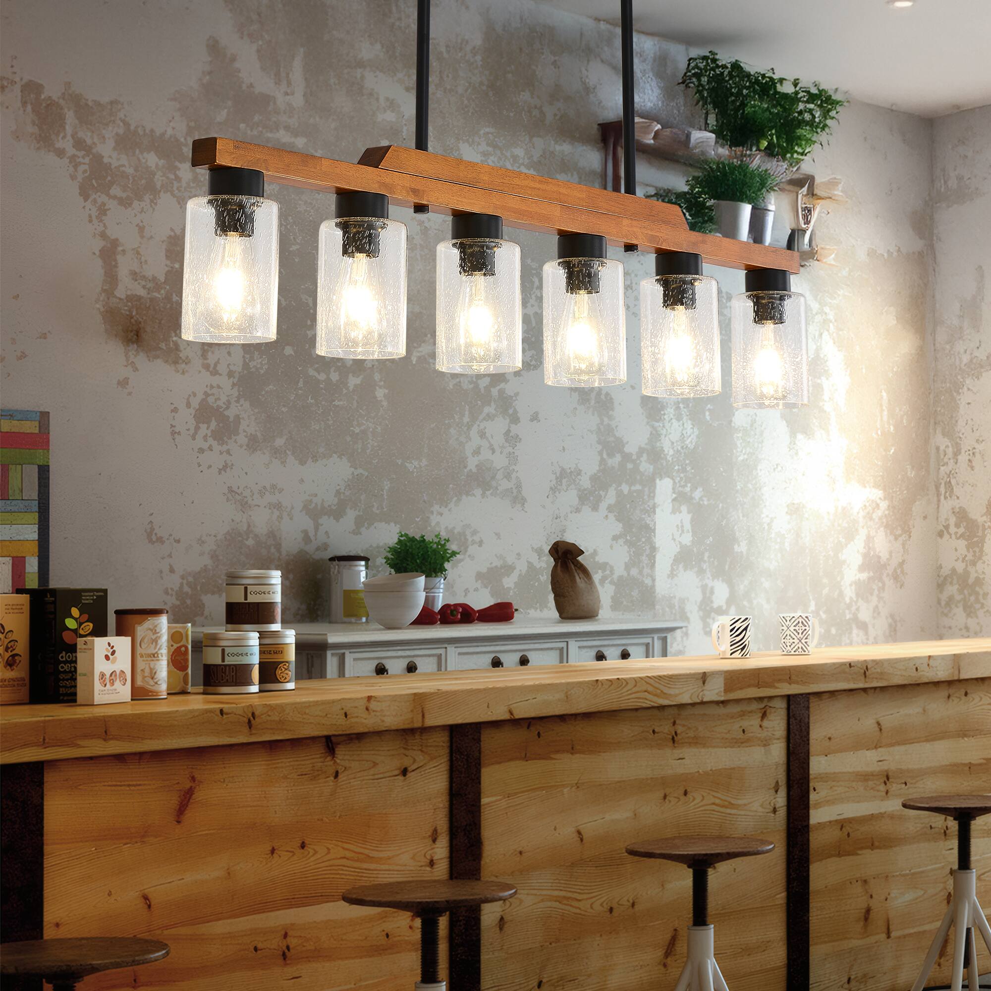 RYHNUYNE - 6-Light Rustic Chandelier 43 Inch Wood Linear Pendant Light with Seed Glass Shades Adjustable Farmhouse Island Lighting