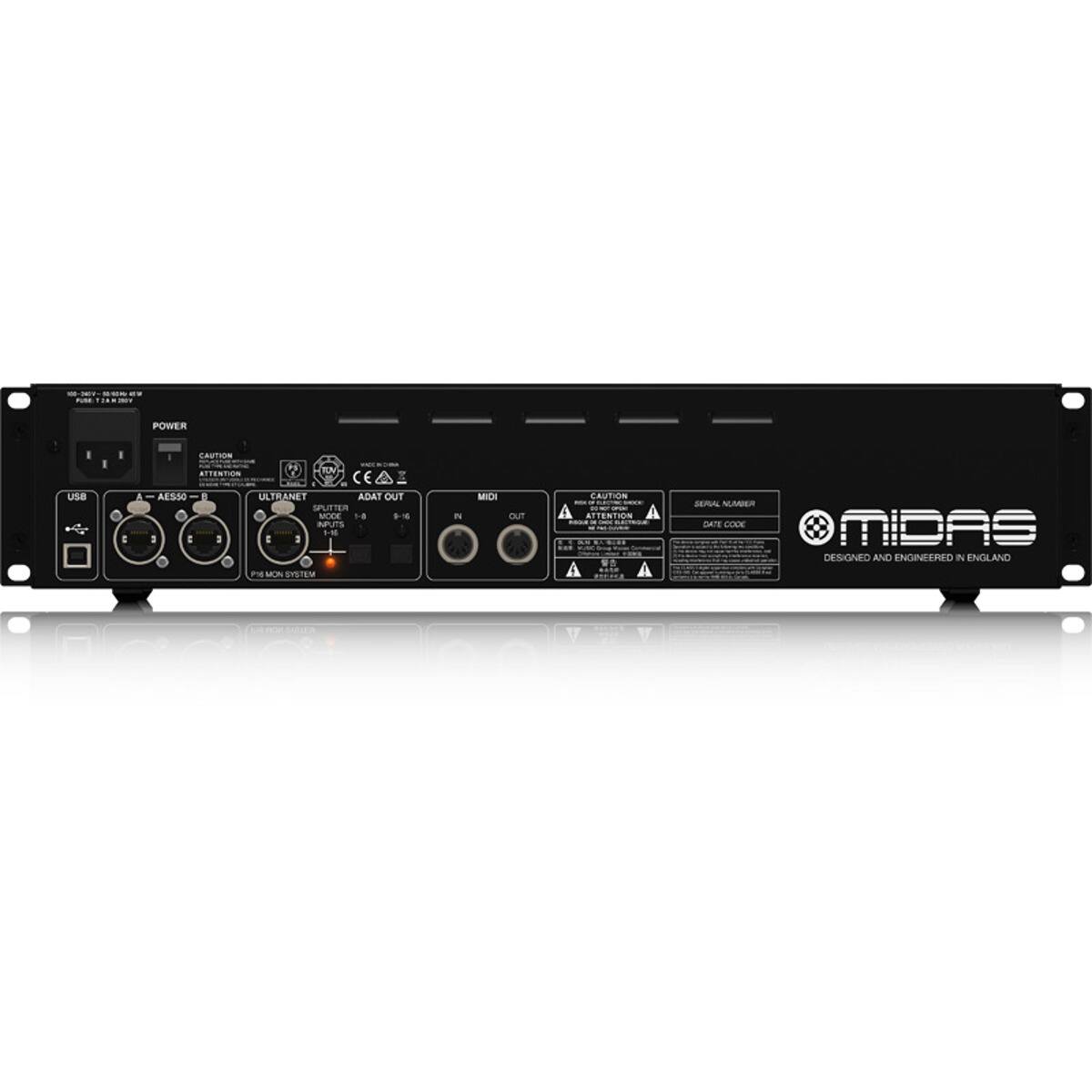 POWER  
CAUTION  
USB  
ATTENTION TOV CE AESSO I ULTRANET ADAT OUT SPLITTER MODE 1-8 9-16 INPUTS 1-16  
MIDI OUT  
CAUTION SHOCK CON SPEAT ATTENTION ABOUR x  
SERIAL NUMBER DATE CODE  
MIDAS DESIGNED AND ENGINEERED IN ENGLAND  
PM MON SYSTEM