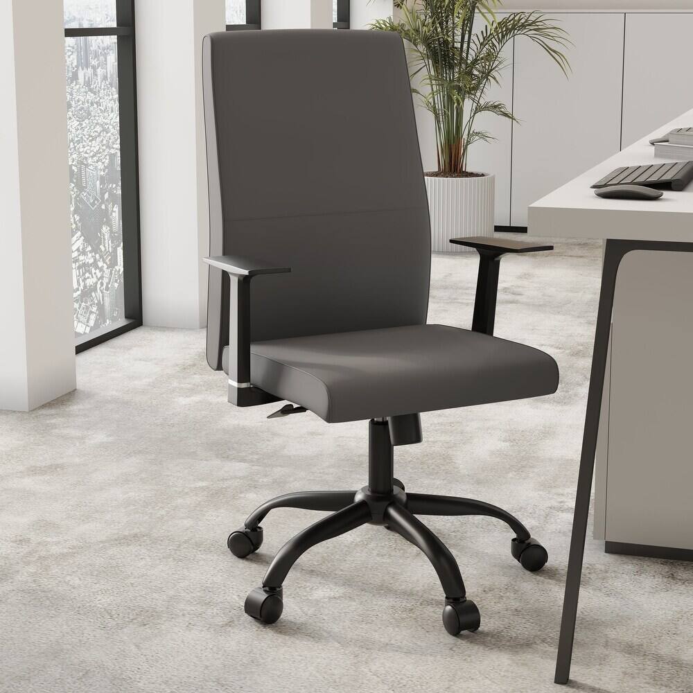 Angle. LeisureMod - Evander Leather Office Chair Aluminum Frame with Adjustable Height, Swivel, Ergonomic Desk Chair - Grey.