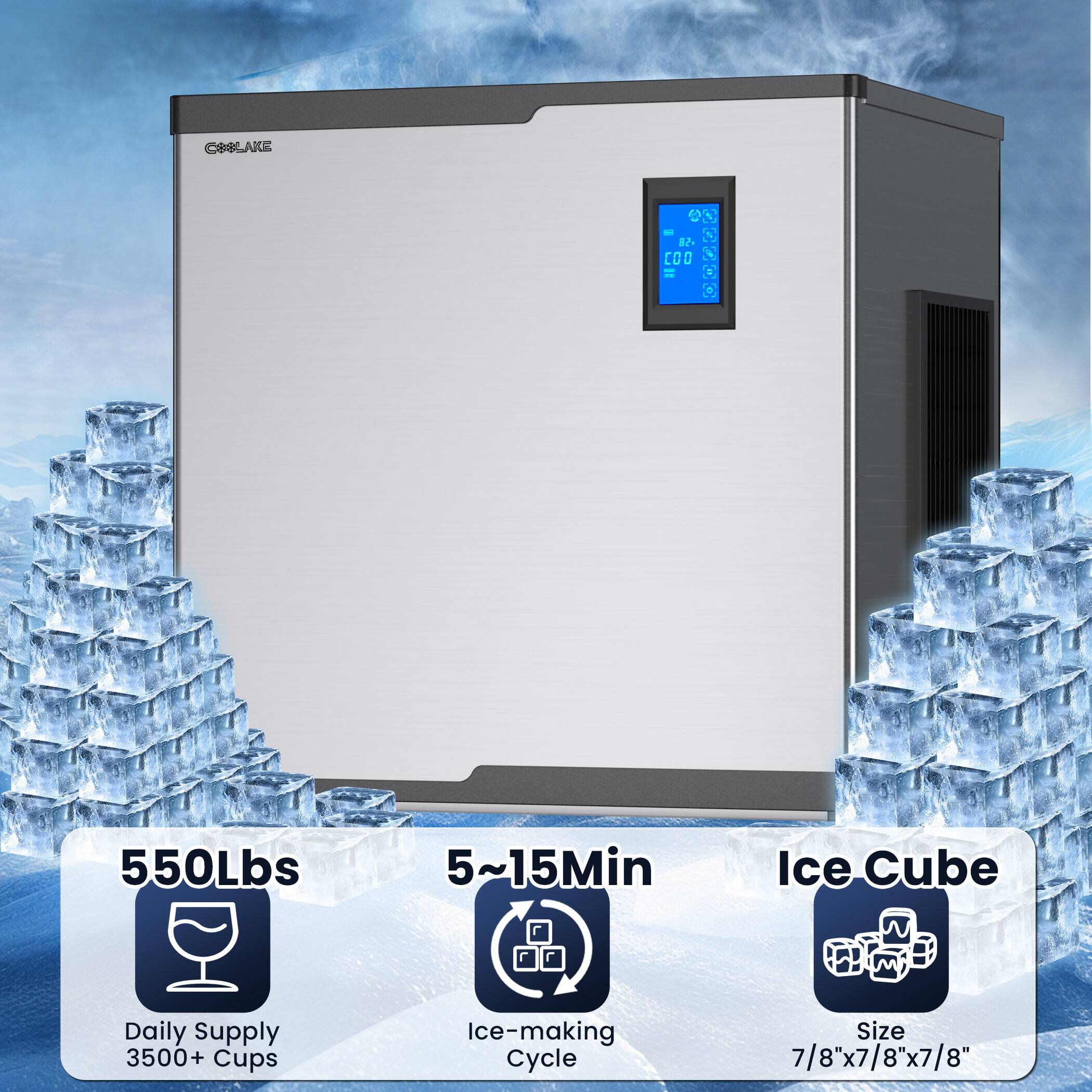 OBOLAKE 20 - O 12. = COO 20280 . 550Lbs 5~15Min Ice Cube Daily Supply 3500+ Cups Ice-making Cycle Size 7/8"x7/8"x7/8"