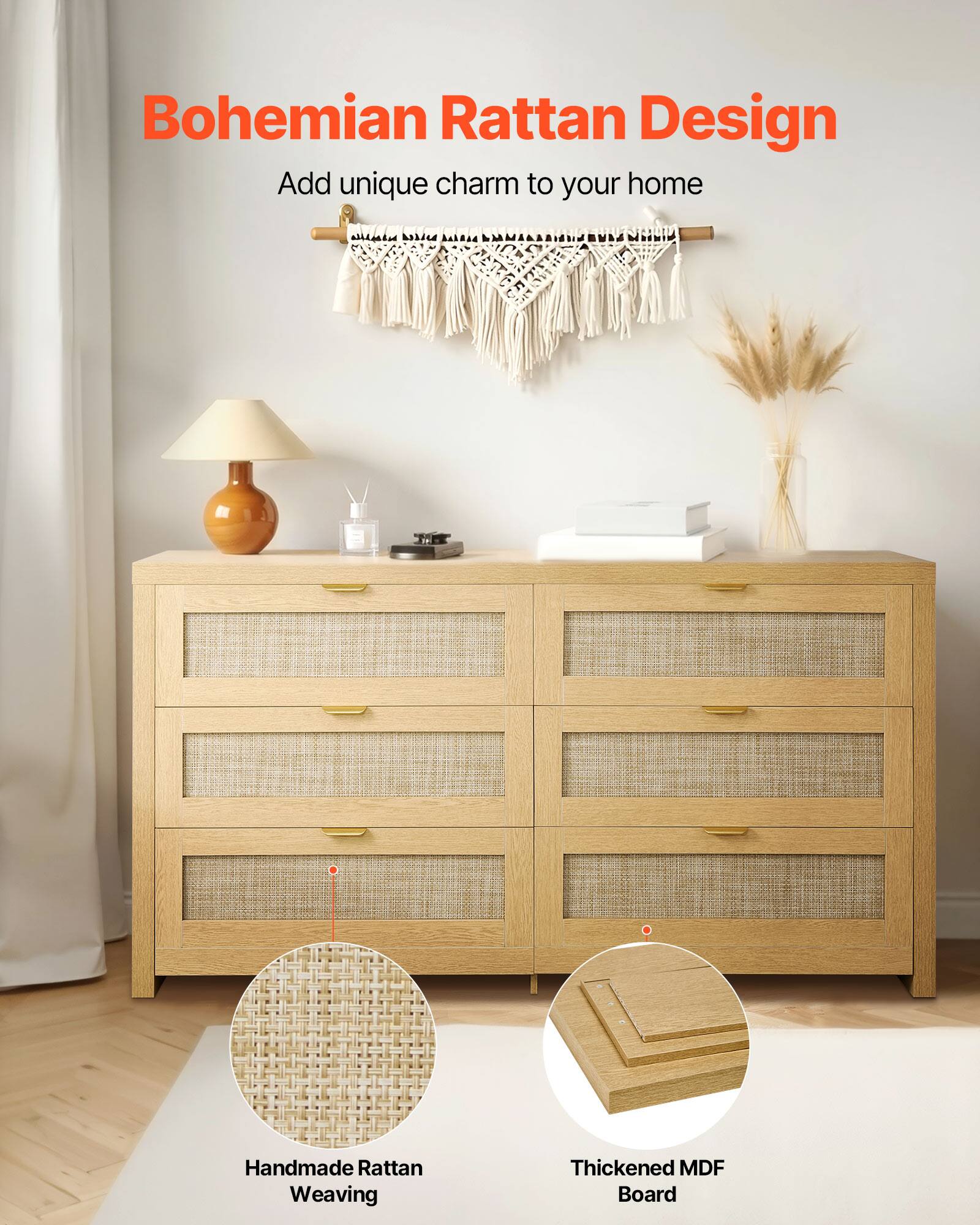 Bohemian Rattan Design  
Add unique charm to your home  

Handmade Rattan Weaving  
Thickened MDF Board