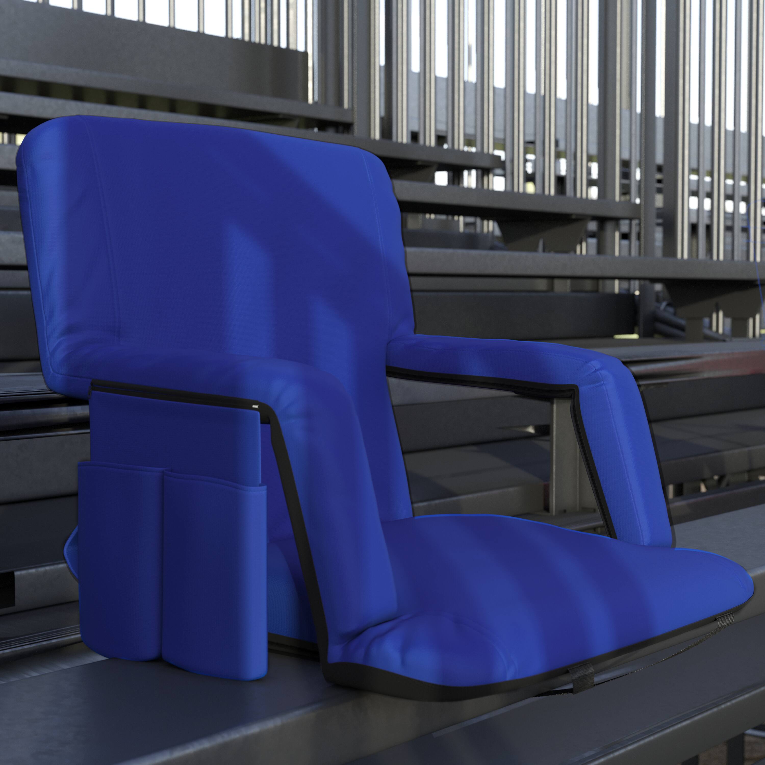 Alt View 1. Emma + Oliver - Folding Metal Stadium Chair with Padded, Reclining Back and Armrests - Blue.