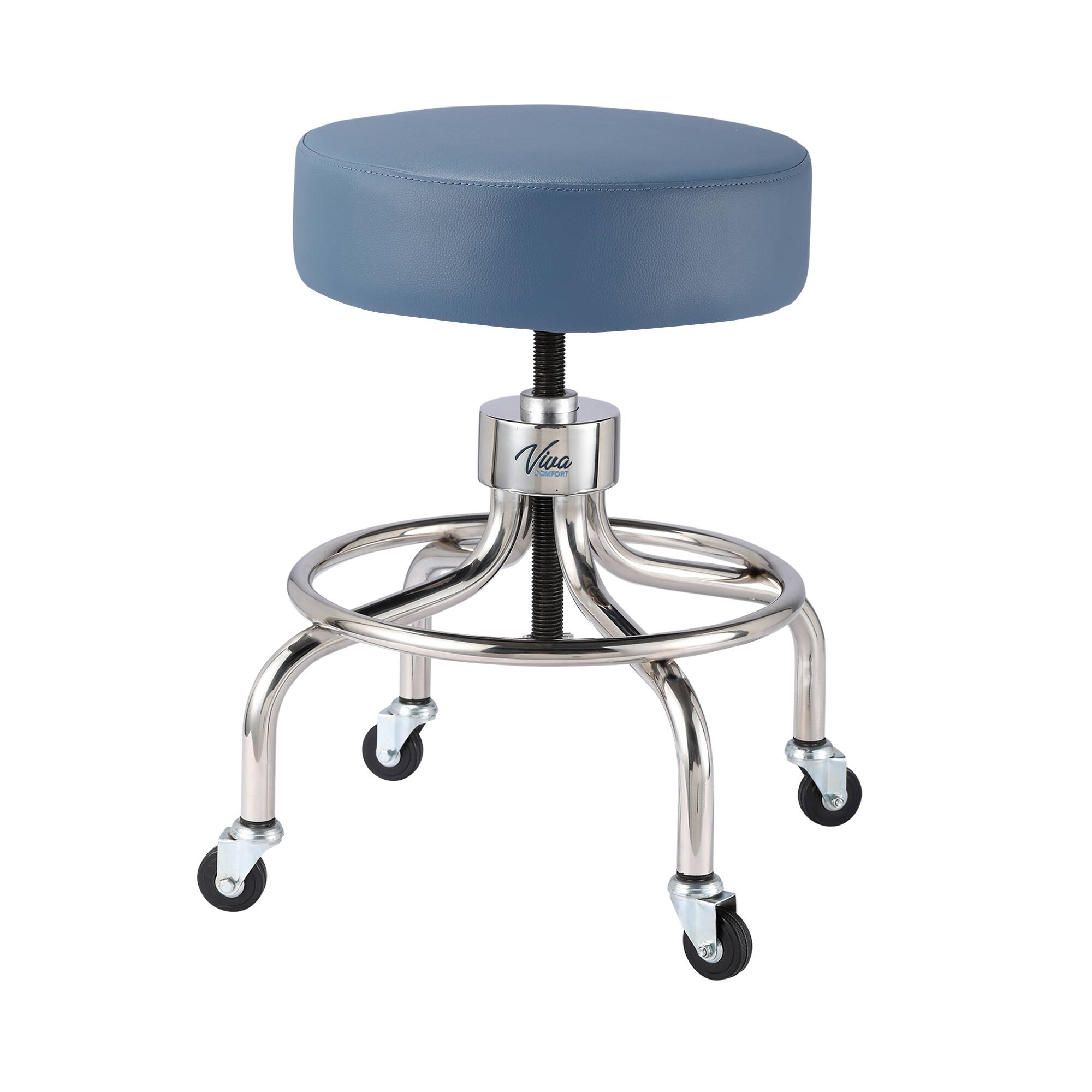 Left. Viva Comfort - Office Stool with Circular Foot Ring, Antimicrobial Upholstery, 250lb Capacity, Pneumatic Height Control - Blue.