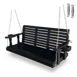 Fortune Candy - Wooden 5FT Porch Swing w/Cupholders , High Back & Deep Seat, Heavy Duty 880lbs for Garden, 3-Seater - Black