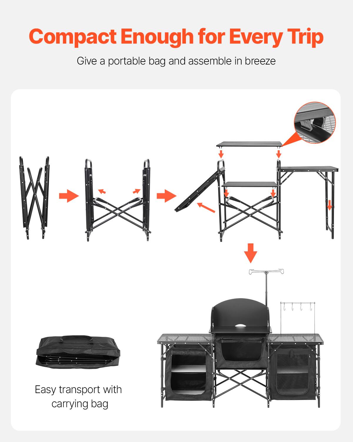 Compact Enough for Every Trip  
Give a portable bag and assemble in breeze  
Easy transport with carrying bag