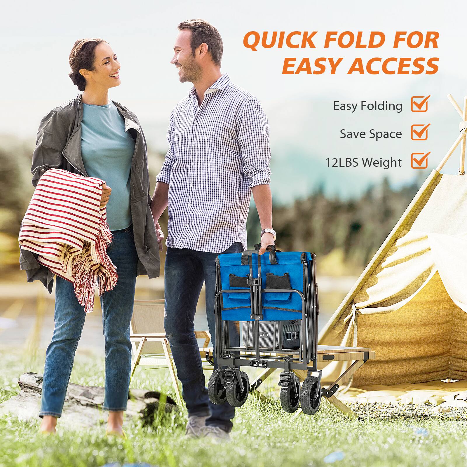 The text on the image is grouped as follows:

"Quick Fold for Easy Access"
"Easy Folding"
"Save Space"
"12LBS Weight"
"Lightweight"