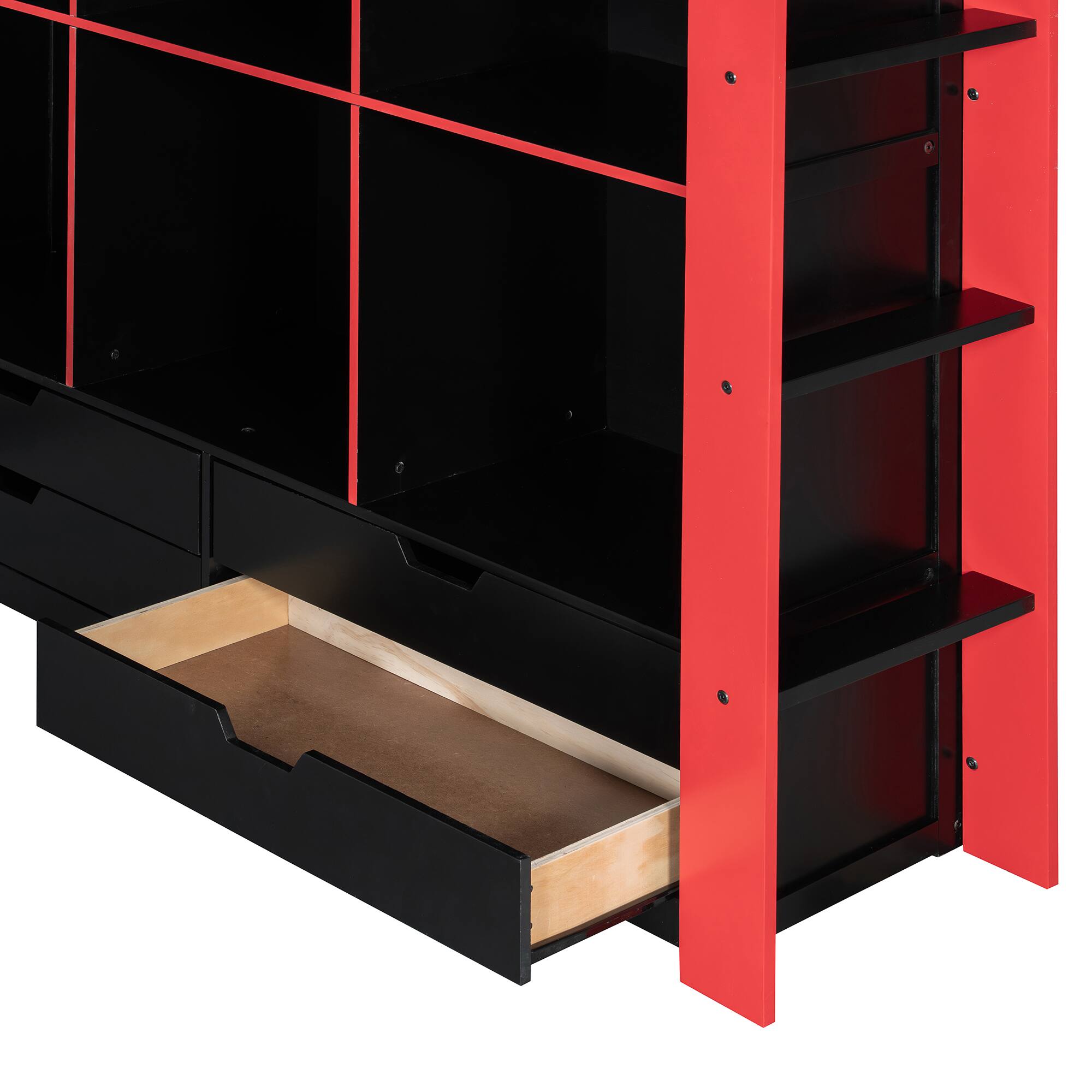 Alt View 2. Whisen - Full Size Gaming Loft Bed,Workstation Bed Frame with Built-in Desk,6 Storage Cubbies,USB Ports and RGB LED Lights - Black+Red.