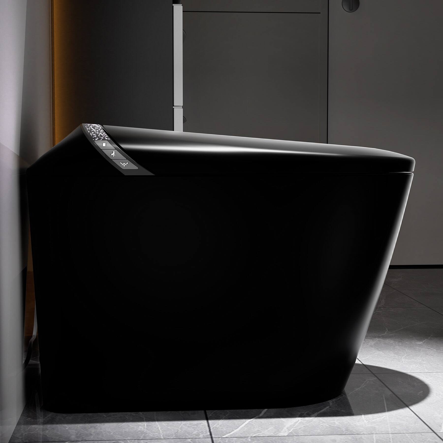 Left. Tiramisubest - Starry Night Light Smart Toilet with Bidet,Auto Open/Close Seat,Foot Sensor,LED Display,Warm Water & Dryer,Matte Black - Matte Black.