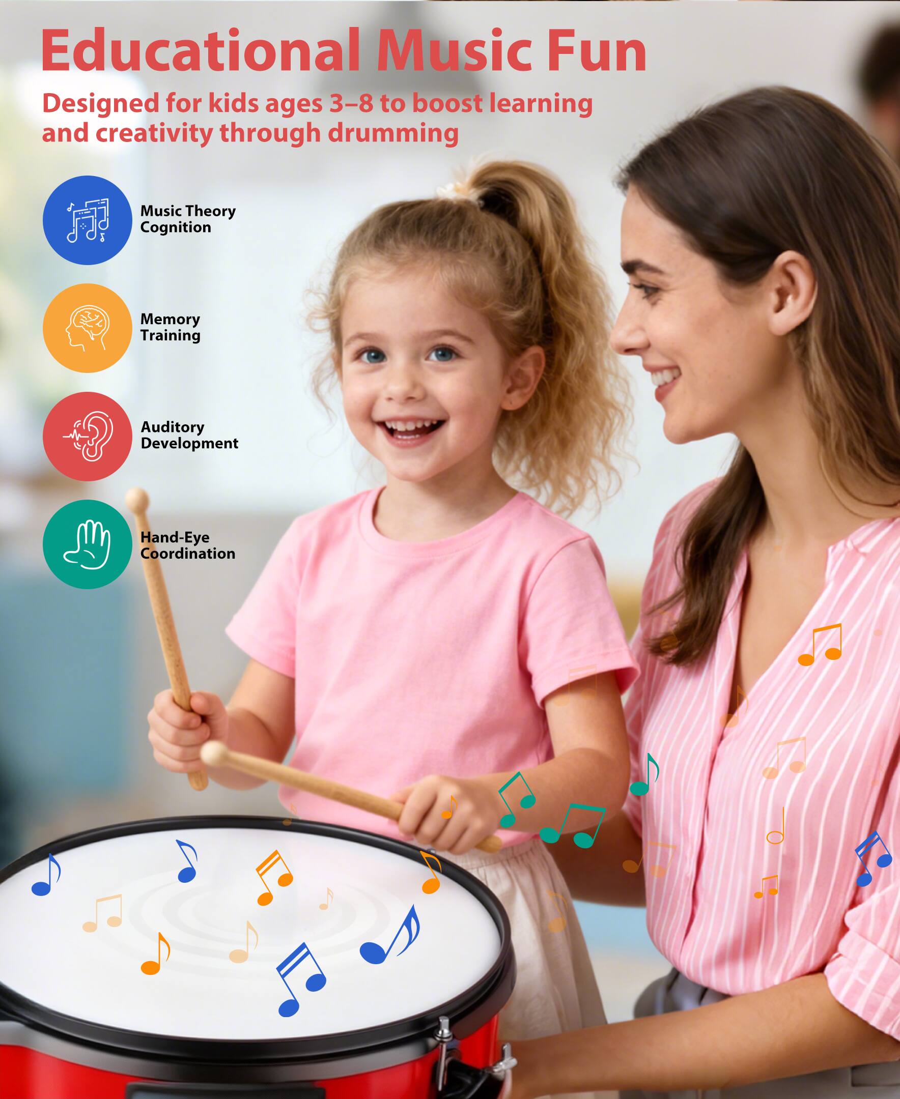 Angle. Sugift - 3-Piece Kids Drum Set with Adjustable Stool, Bass Pedal & Cymbal – Realistic Junior Drum Kit for Ages 3+ - Red.