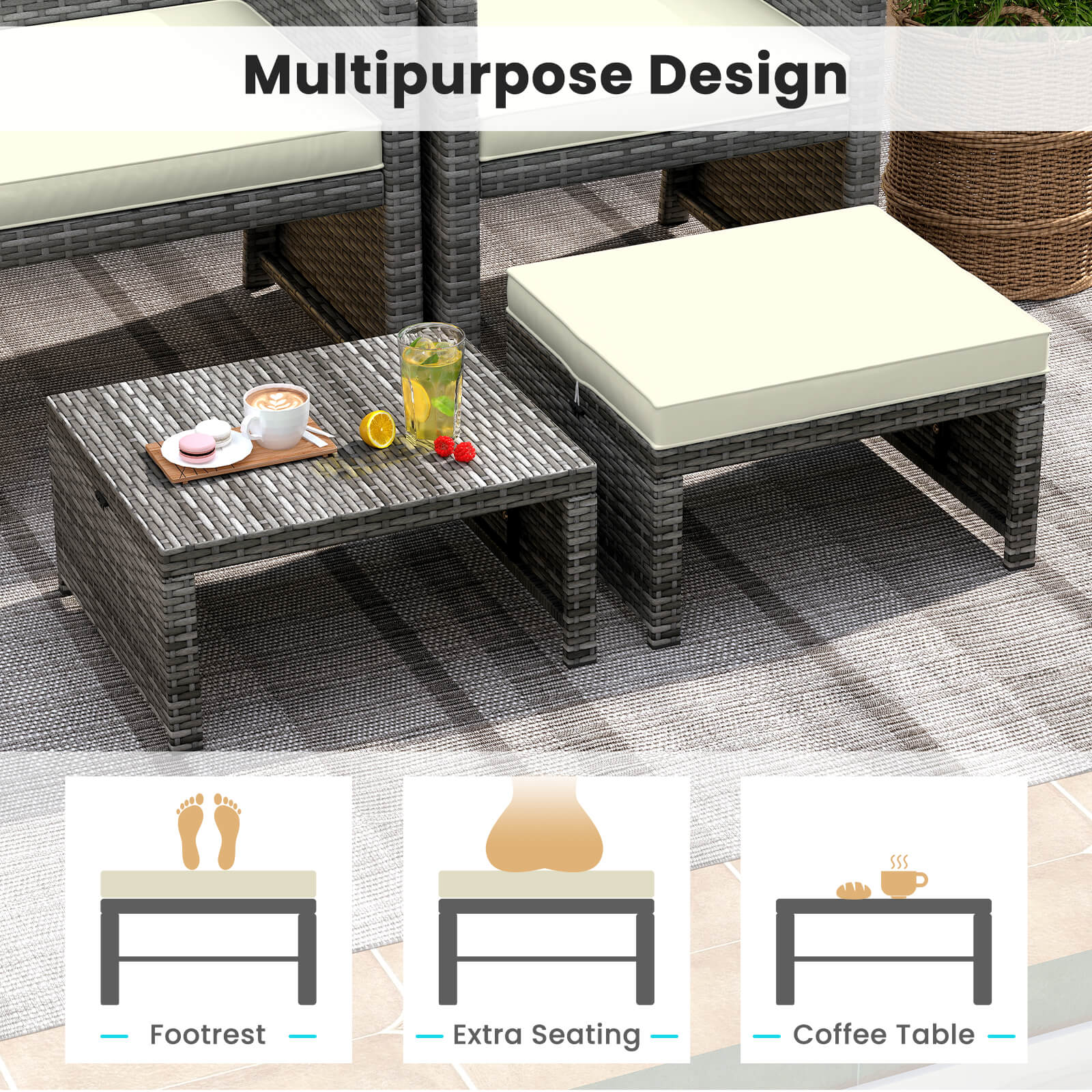 Multipurpose Design

Footrest
Extra Seating
Coffee Table