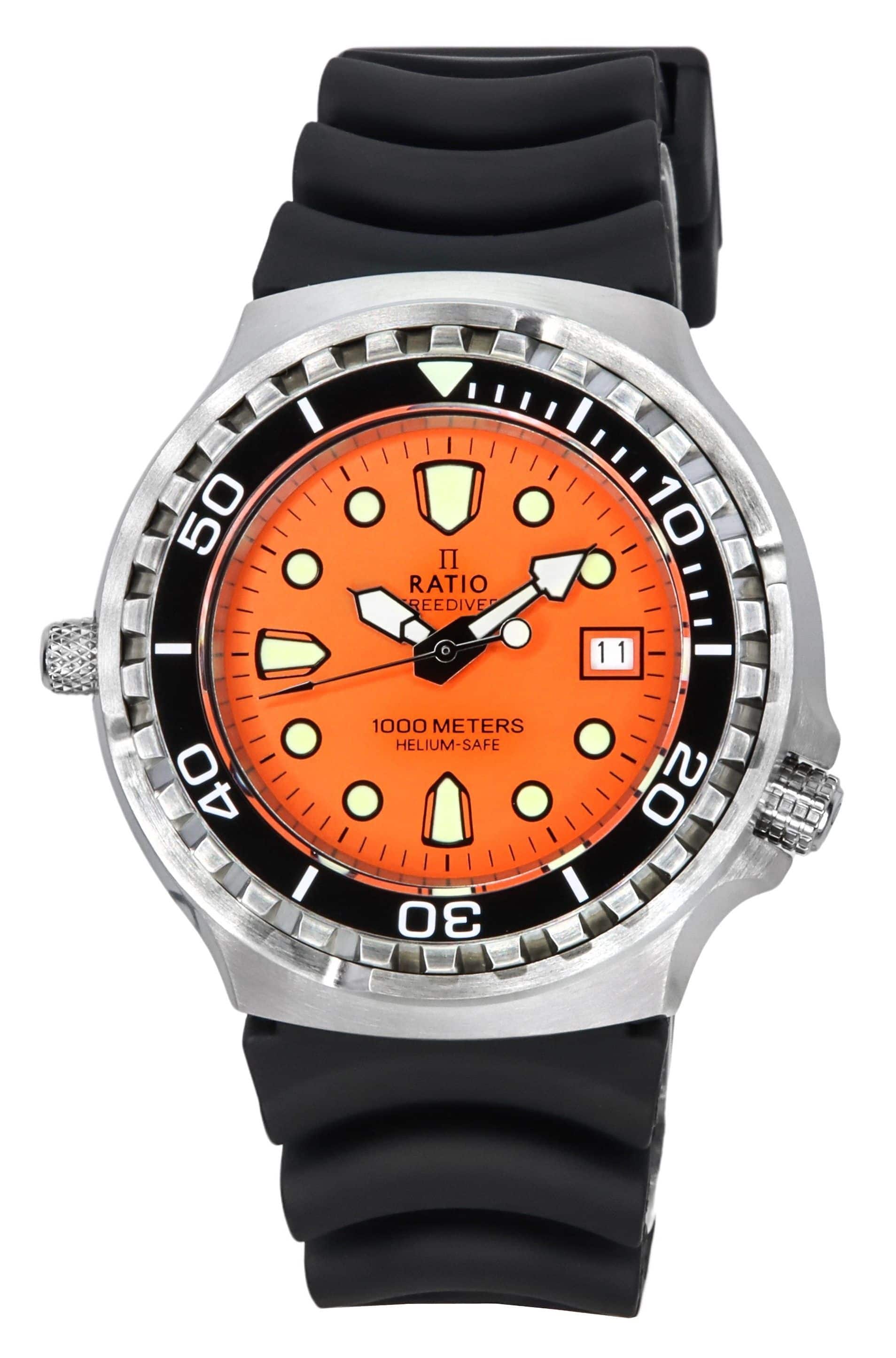RATIO - FreeDiver Helium Safe Sapphire Quartz Orange Dial 1038EF102V-ORG Mens 1000M Watch - Black/Silver