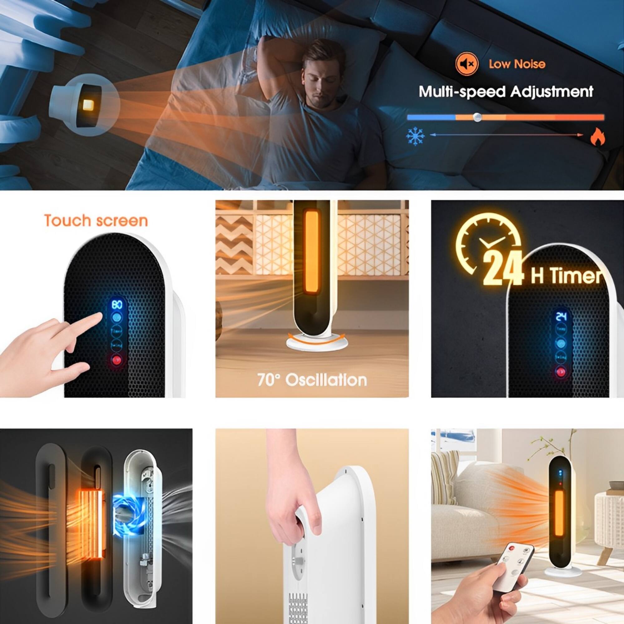 - Low Noise
- Multi-speed Adjustment
- Touch screen
- 24 H Timer
- 70° Oscillation