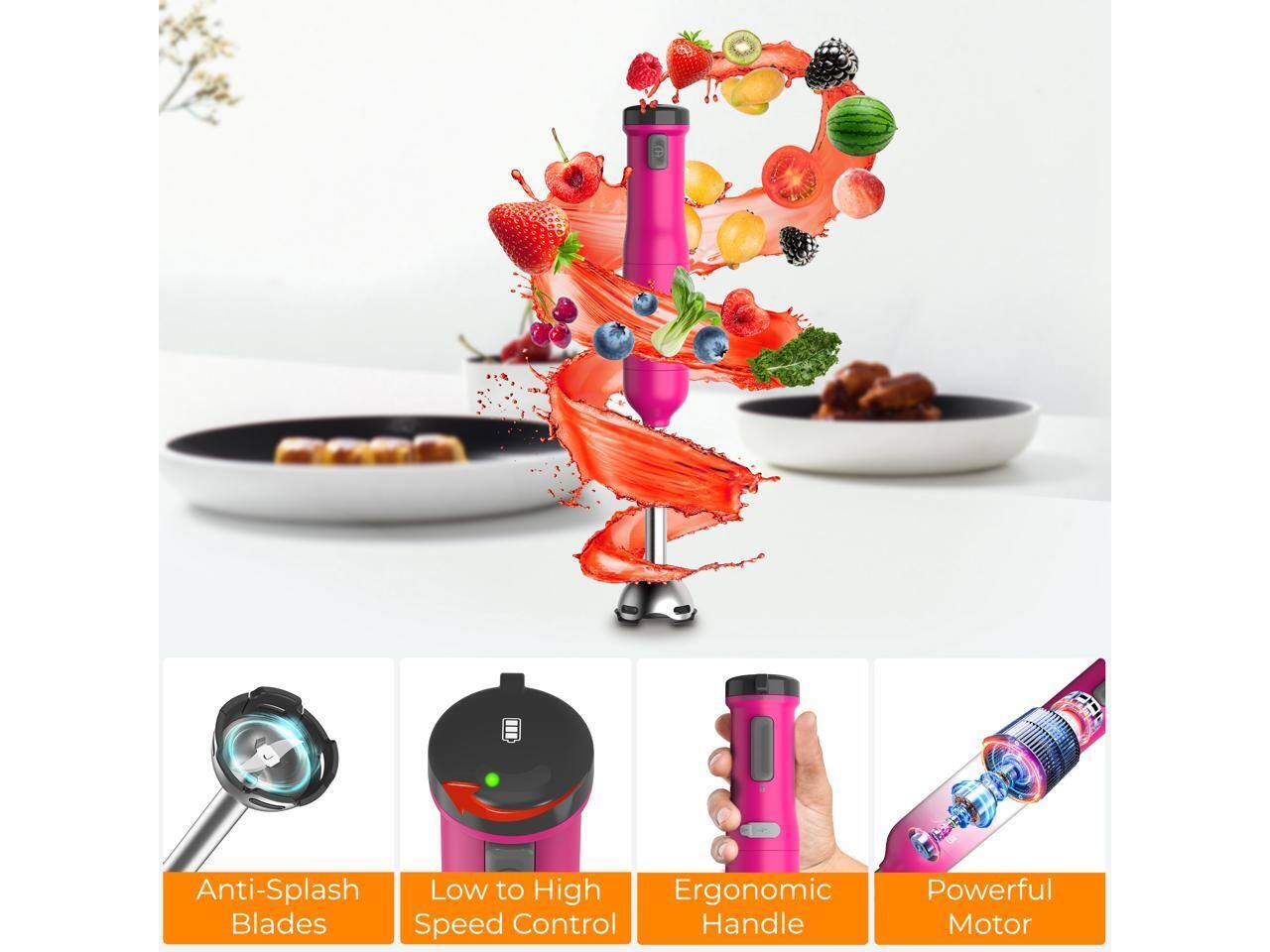 Anti-Splash Blades  
Low to High Speed Control  
Ergonomic Handle  
Powerful Motor