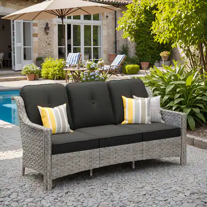Front. Ovios - 1 PCS Patio Furniture 3 Seat Sofa with Cushions All-Weather Rattan Couch for Backyard - Black.