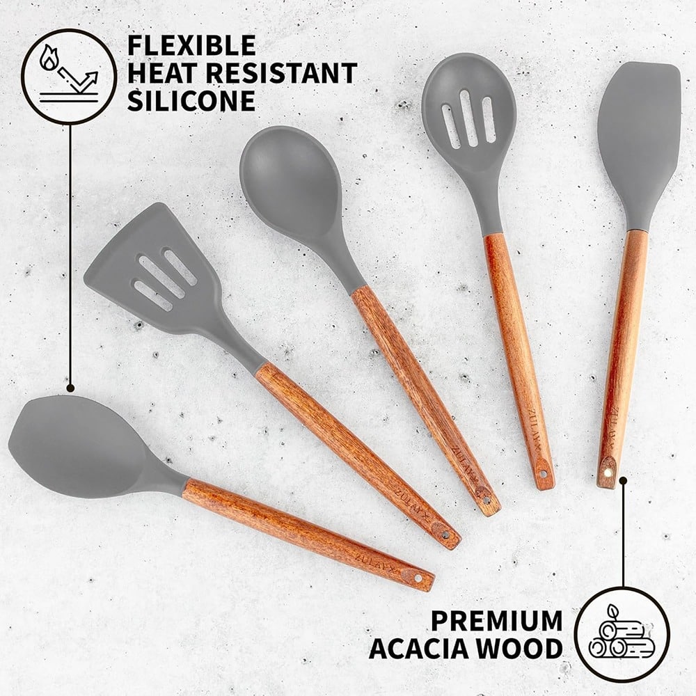 RTMB - Five-piece set of non-stick silicone cooking utensils features genuine - Elegent Grey