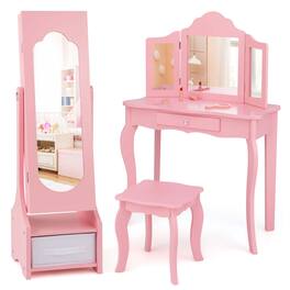 Costway - Kids Vanity Set Princess Makeup Dressing Table & Chair Set with Jewelry Armoire - Pink