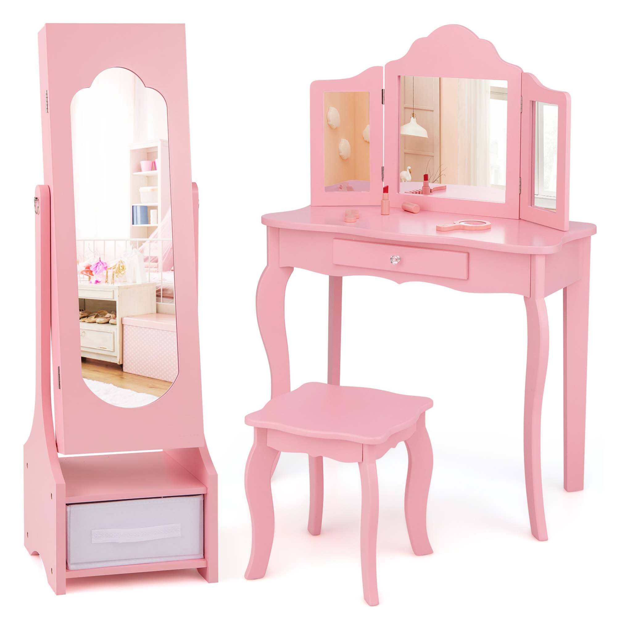 Front. Costway - Costway Kids Vanity Set Princess Makeup Dressing Table & Chair Set with Jewelry Armoire - Pink.