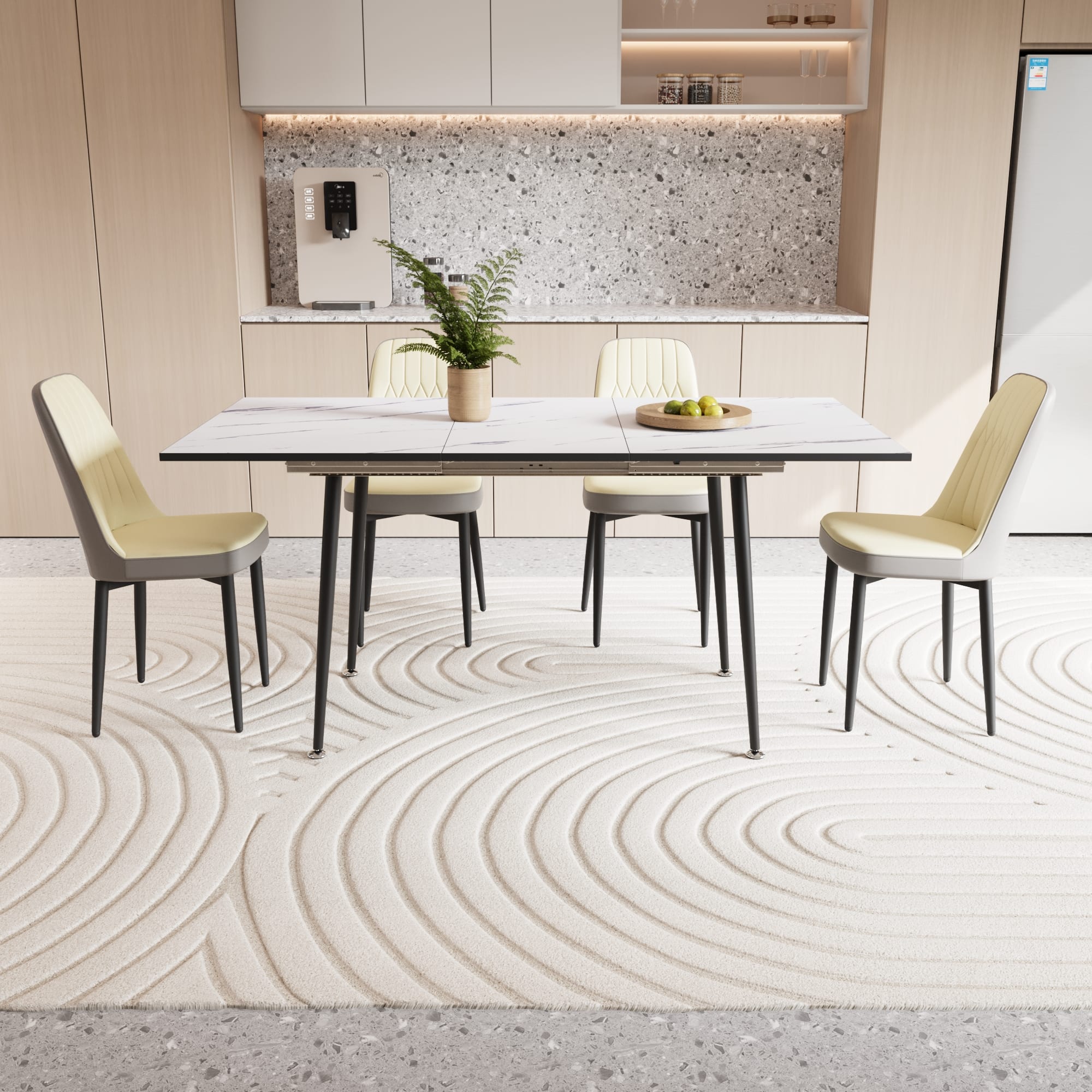 TinyHomie - 47-63in expandable dining table set for 2-6 people equipped with PU fabric thick cushioned dining chair and dining table - Beige and White