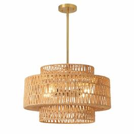 RYHNUYNE - 17.7 Inch Boho Farmhouse Rustic Rattan Chandelier, 4-Light E26 Hand Woven Wicker Pendant Light Fixture for Dining Room