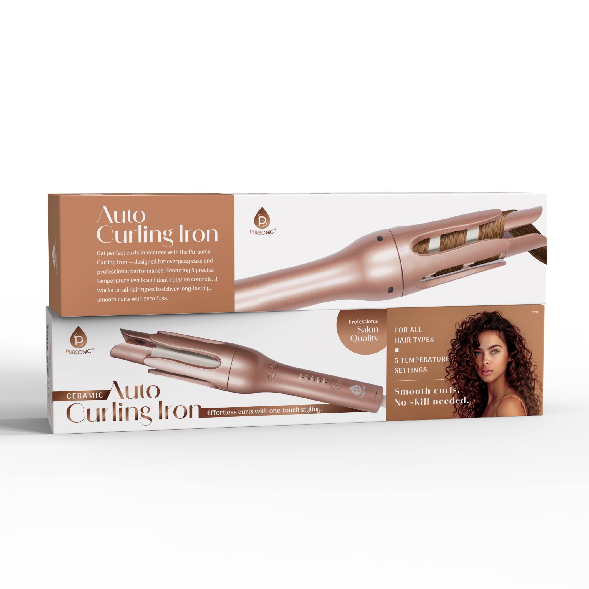 Auto Curling Iron  
Get perfect curls in minutes with the Pursonic Curling Iron - designed for everyday ease and professional performance. Featuring 5 precise temperature levels and dual-rotation controls, it works on all hair types to deliver long-lasting, smooth curls with zero fuss.  

Pursonic Ceramic Auto Curling Iron  
Effortless curls with one-touch styling.  

Professional Salon Quality  
FOR ALL HAIR TYPES  
5 TEMPERATURE SETTINGS  
Smooth curls. No skill needed.
