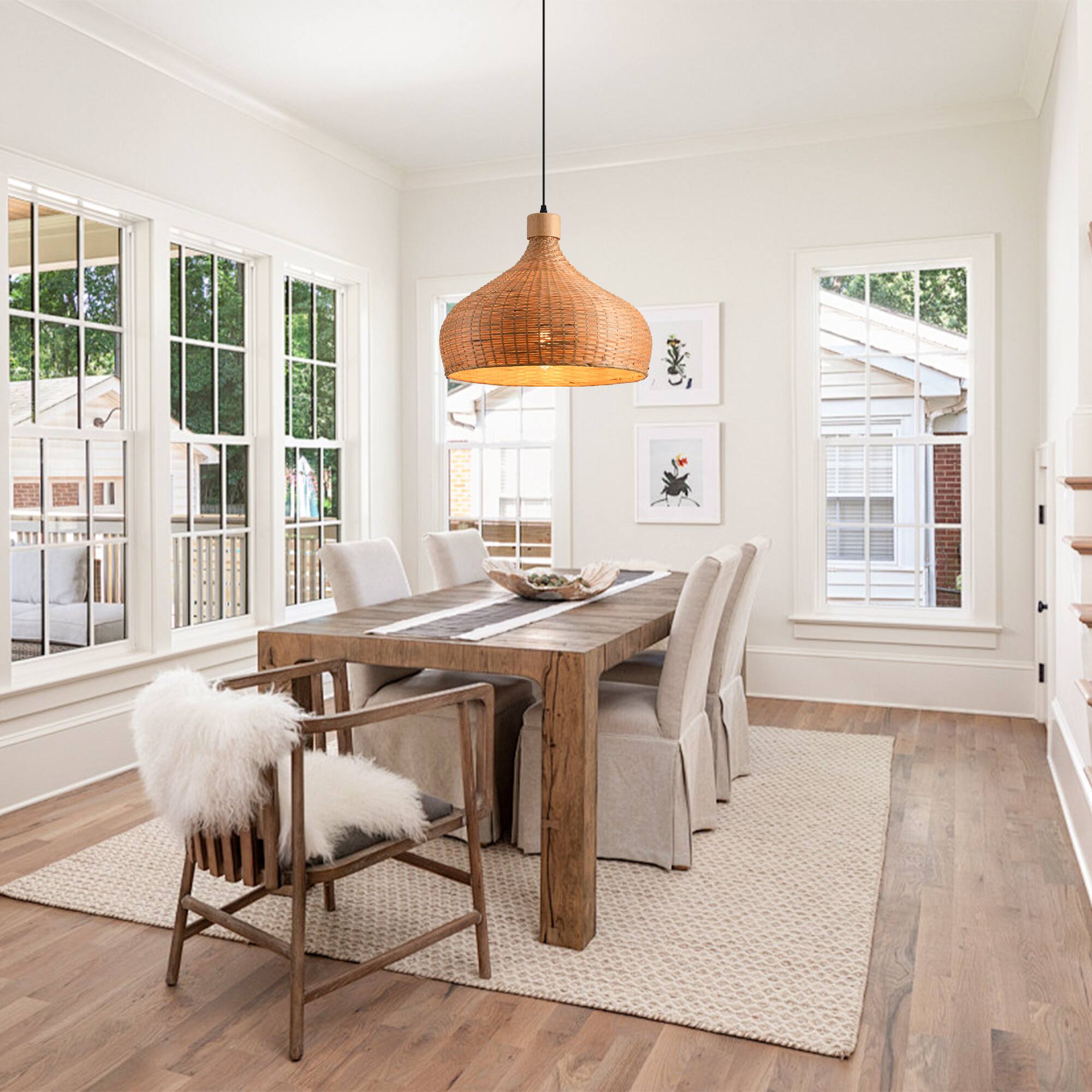 Back. Parrot Uncle - 1-Light Retro Brown Handmade Bamboo Woven Dome Hanging Pendant Light - Brown.