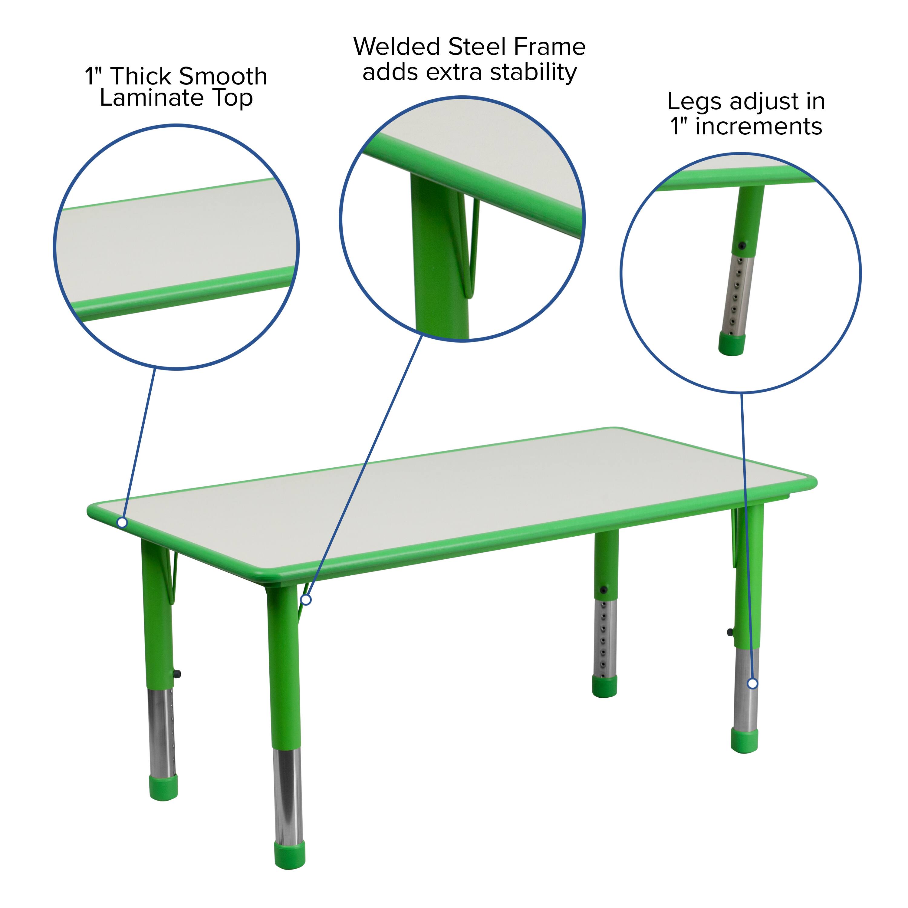 1" Thick Smooth Laminate Top  
Welded Steel Frame adds extra stability  
Legs adjust in 1" increments