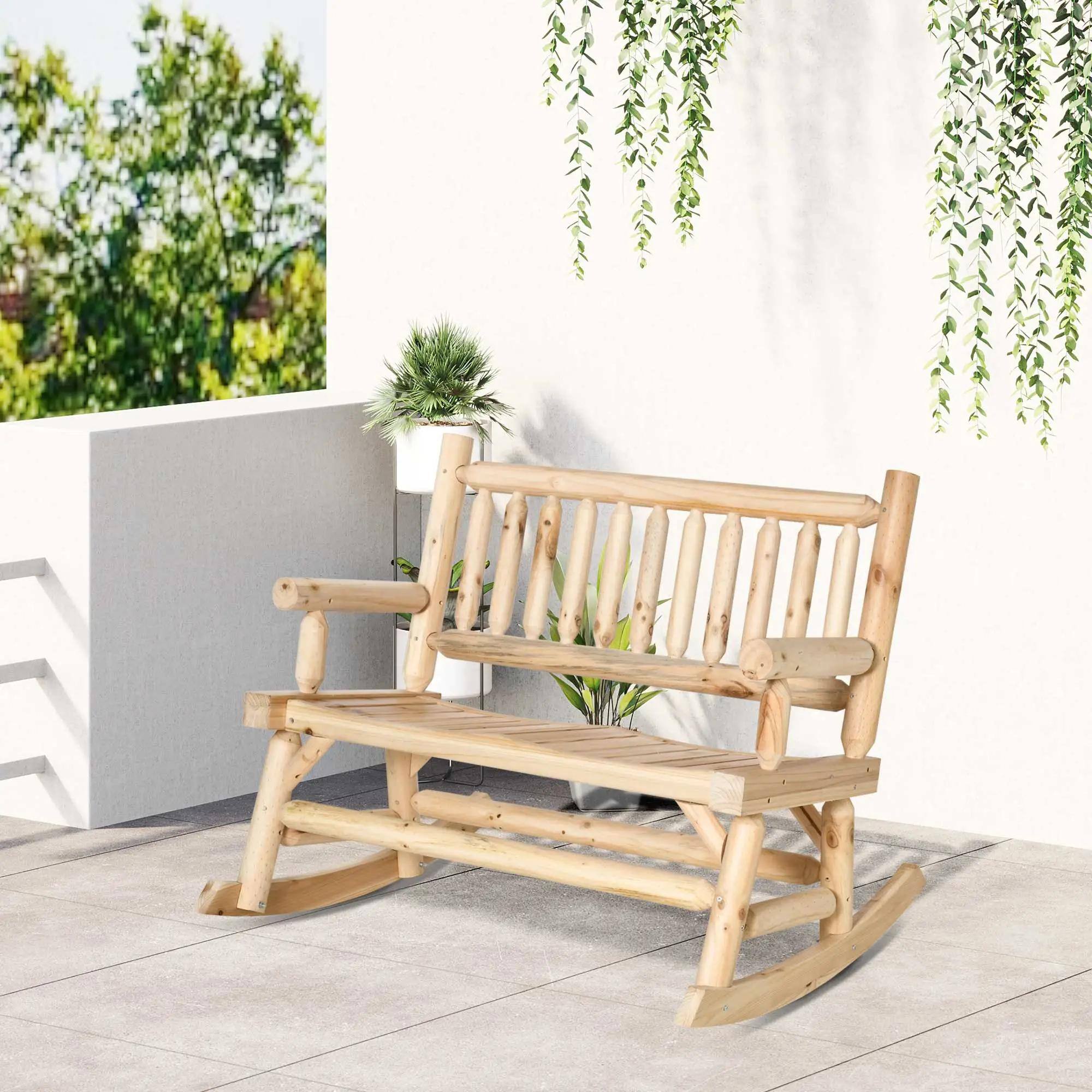 Resenkos Log Style 2 Seater Rocking Chair, Heavy Duty Patio Loveseat ...