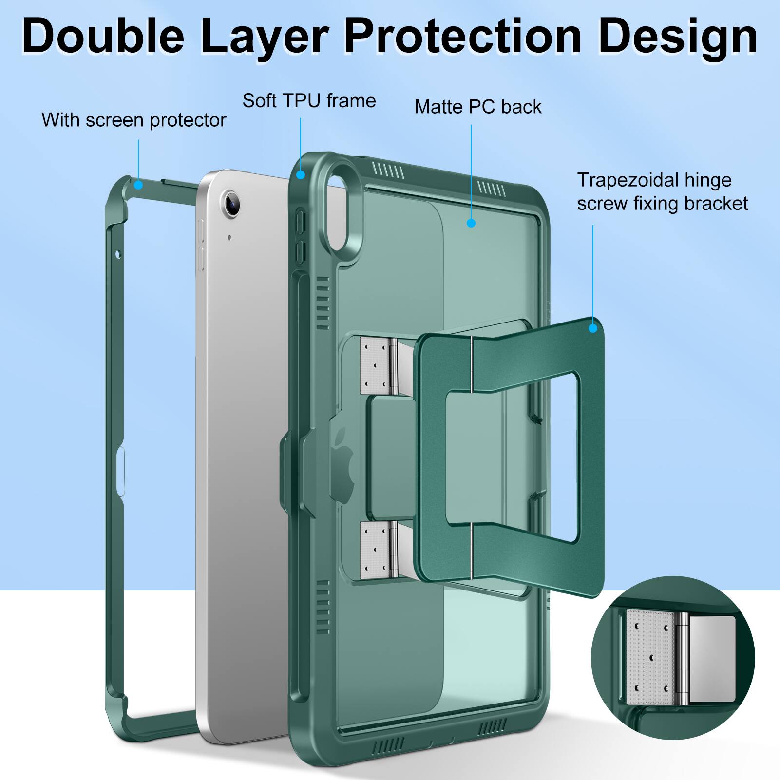Double Layer Protection Design

- With screen protector
- Soft TPU frame
- Matte PC back
- Trapezoidal hinge screw fixing bracket