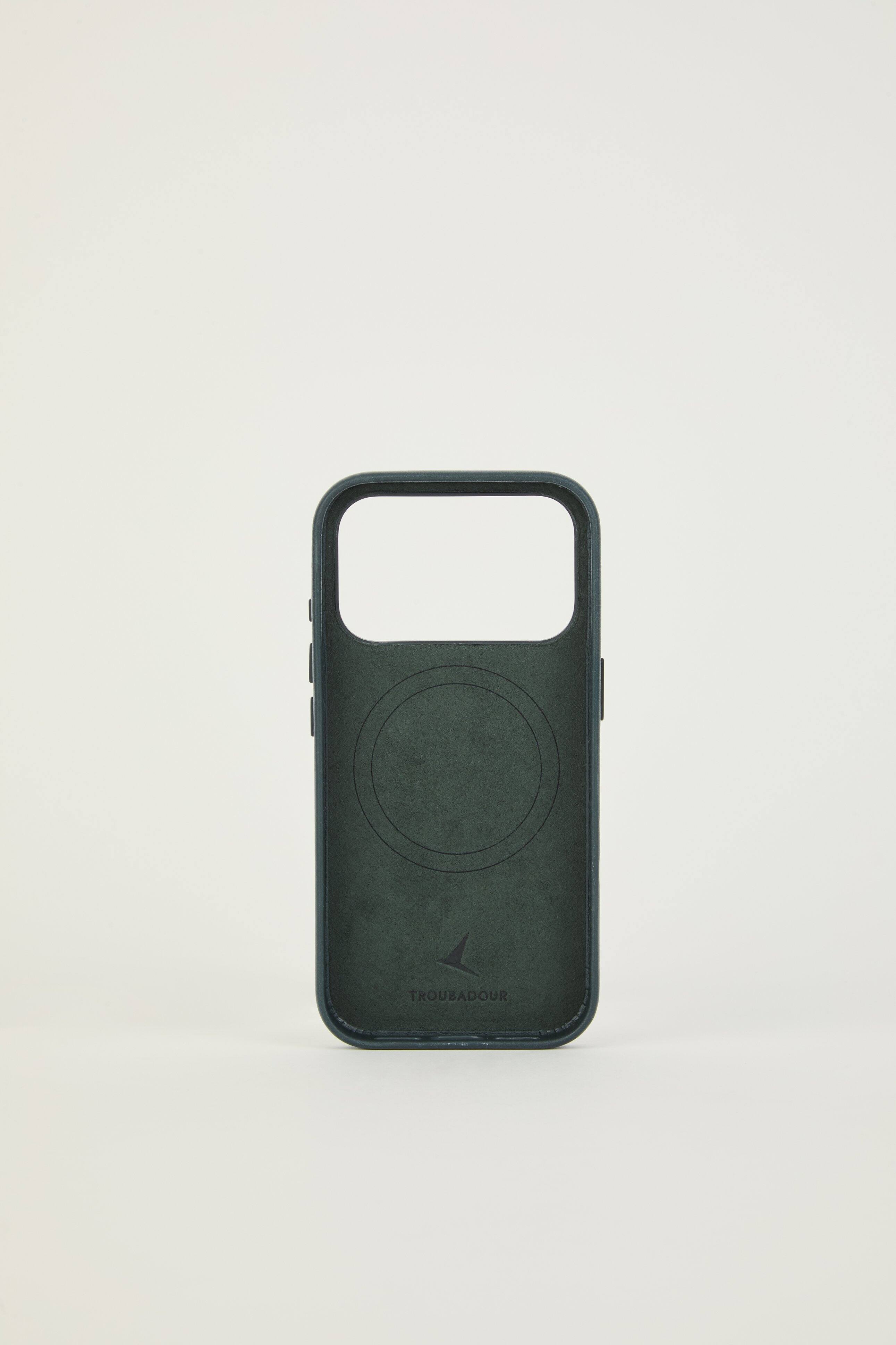 Left. Troubadour - iPhone 18 Pro Leather Case - Obsidian Green.