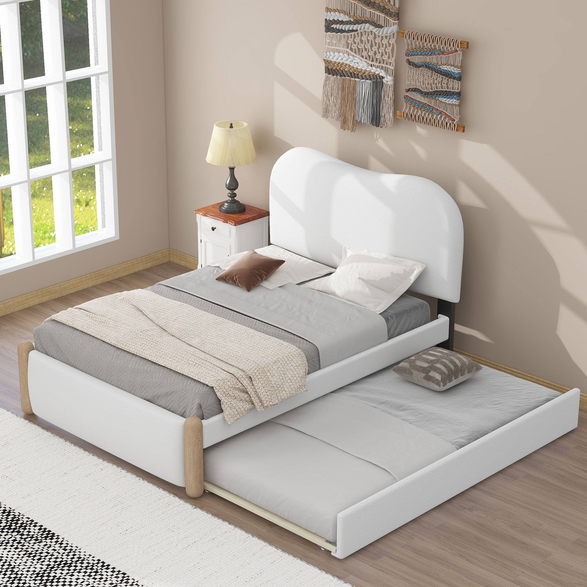 Front. Whisen - Twin Size Upholstered Platform Bed Frame with Twin Size Trundle and Arc-Shaped Headboard for Bedroom - White.