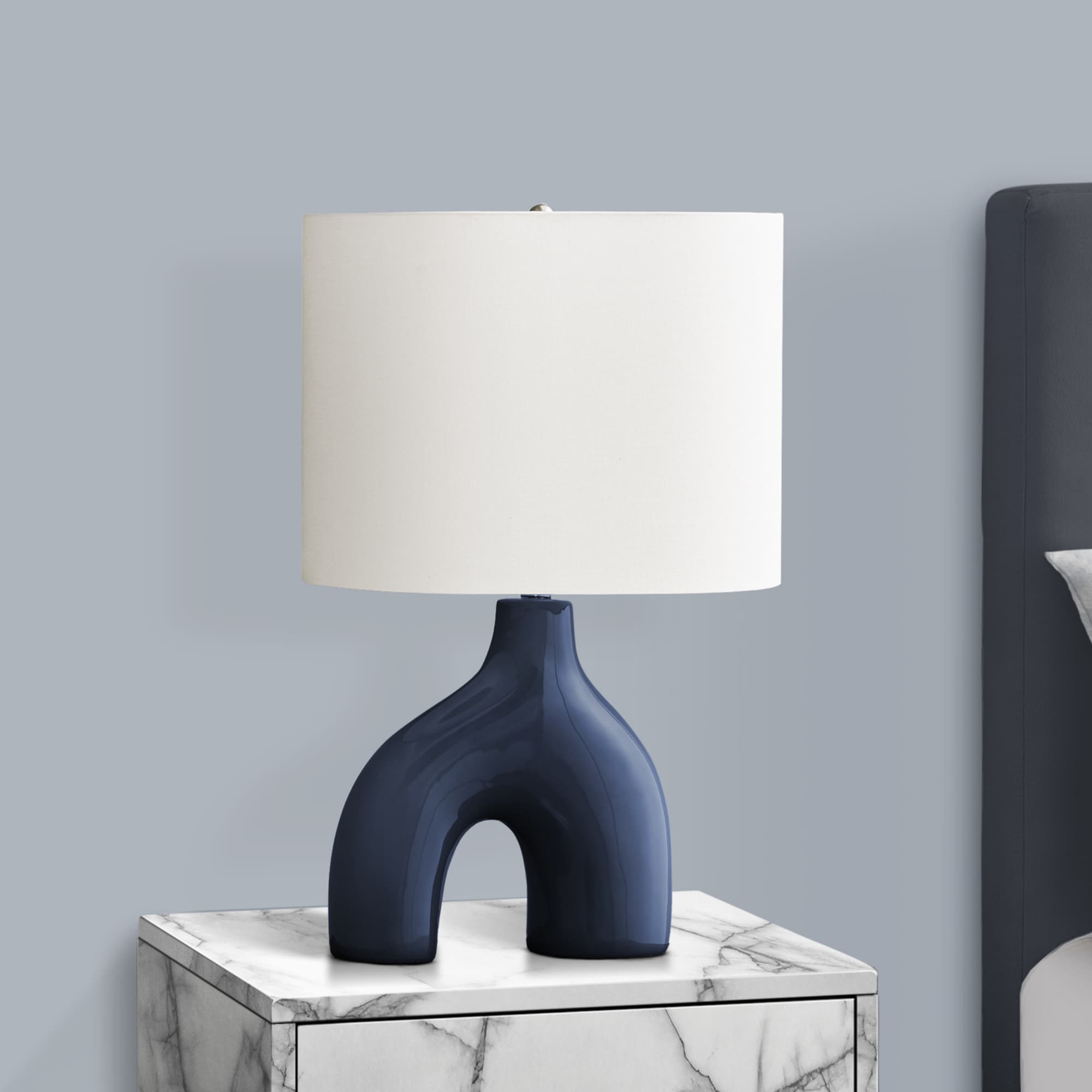 Angle. Luckbyte - 25 Inch Blue Ceramic Table Lamp Ivory Cream Shade Contemporary Modern Lamp.