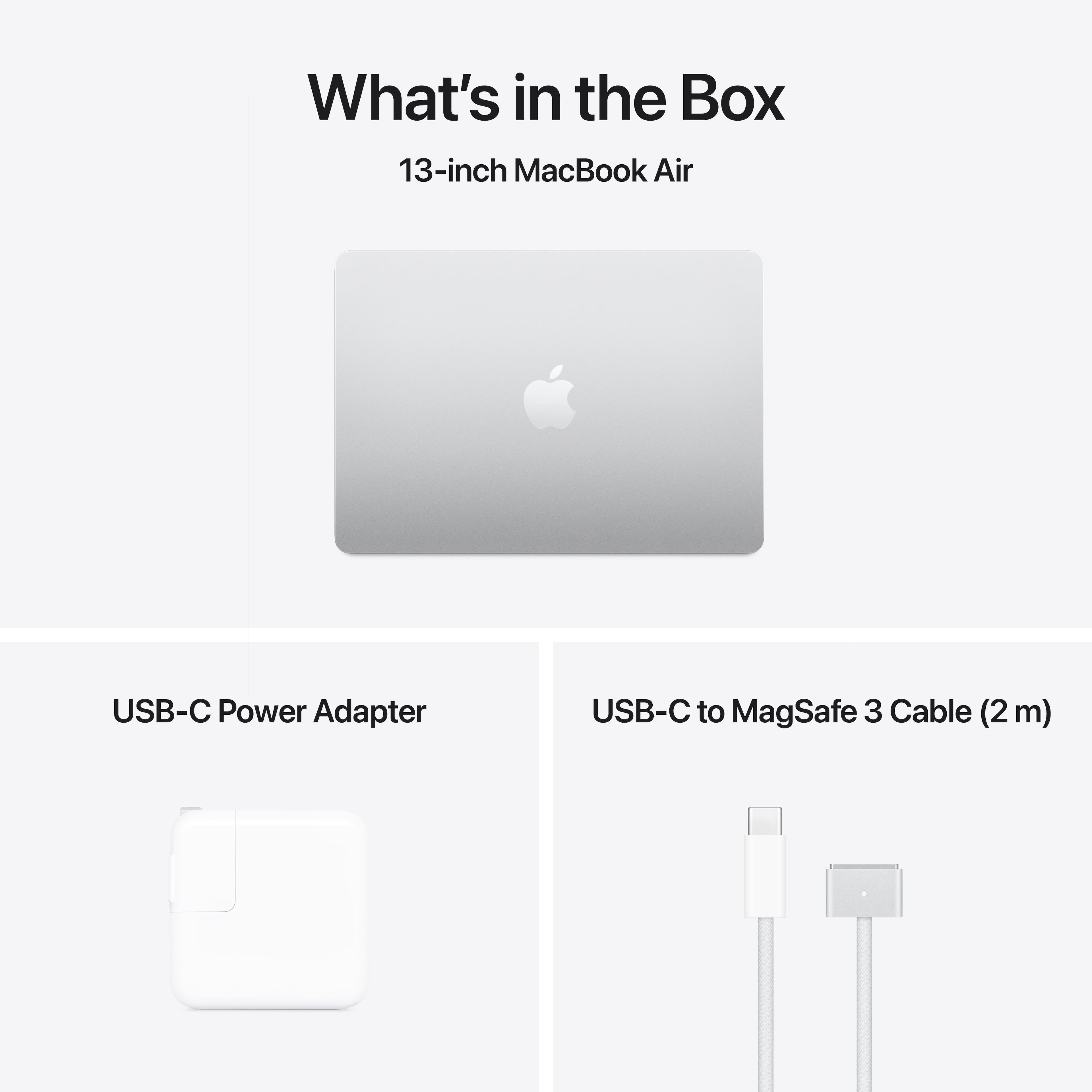 What's in the Box: 13-inch MacBook Air, USB-C Power Adapter, USB-C to MagSafe 3 Cable (2 m).
