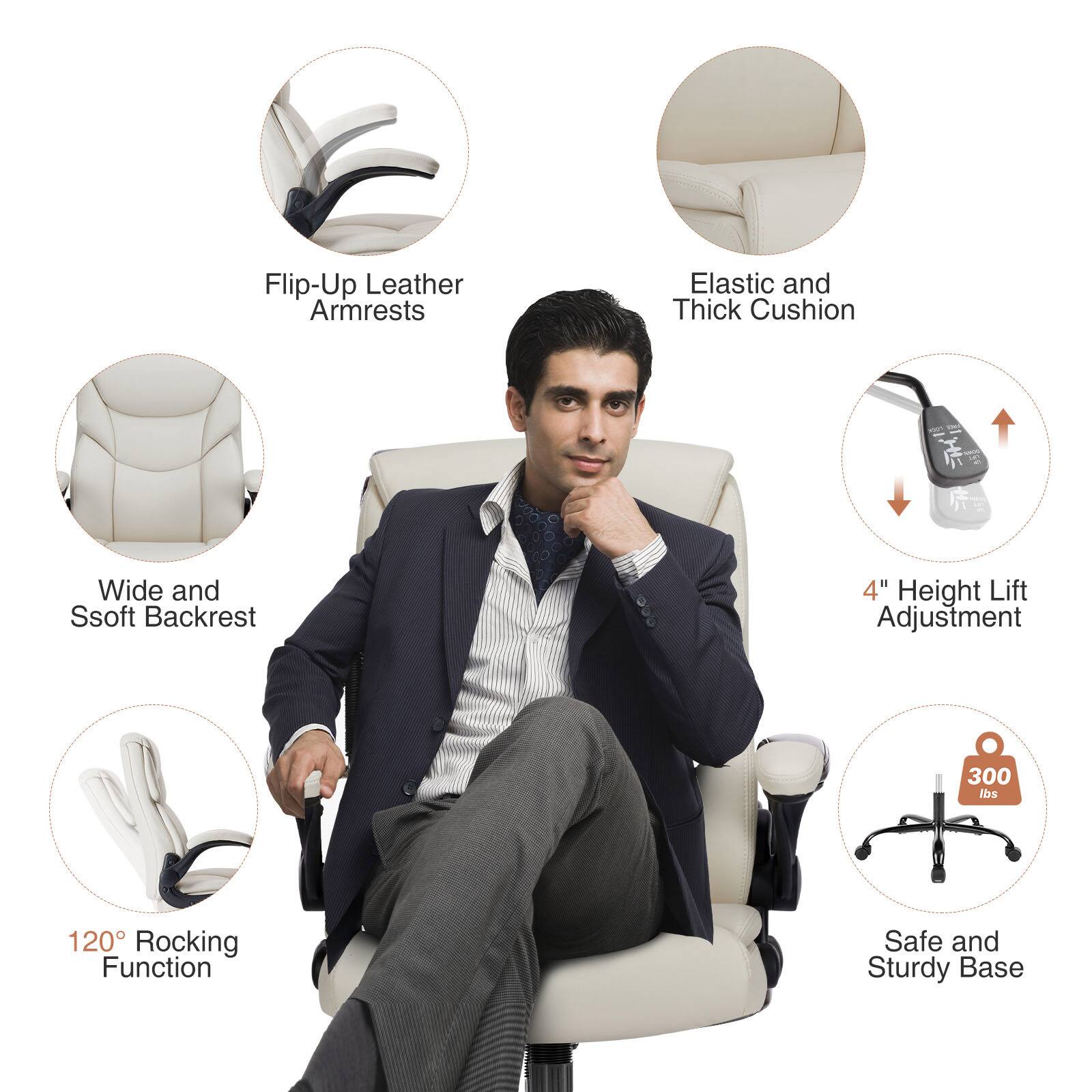 - Flip-Up Leather Armrests
- Elastic and Thick Cushion
- Wide and Soft Backrest
- 4" Height Lift Adjustment
- 120° Rocking Function
- Safe and Sturdy Base
- 300 lbs Capacity