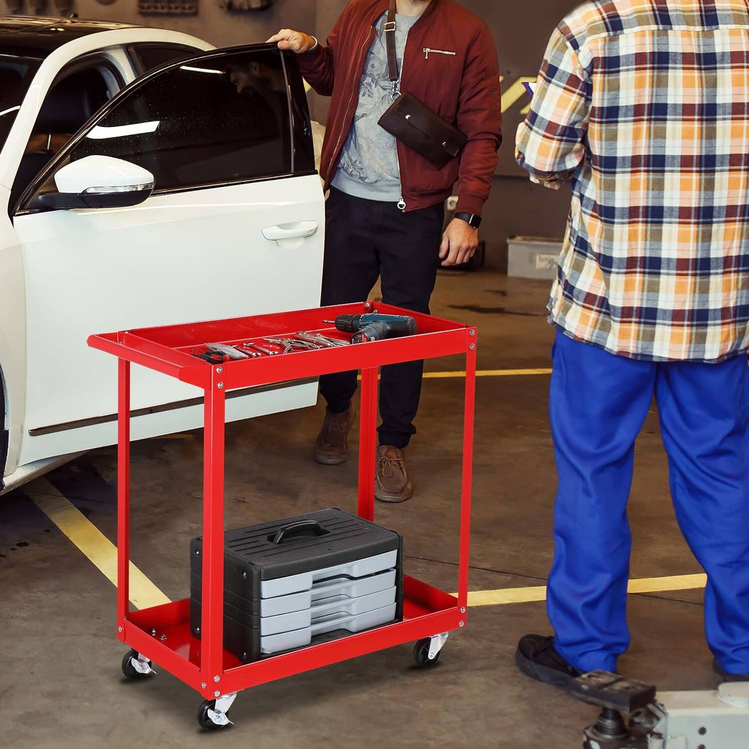 Alt View 4. Winado - 2 Shelf Steel Utility Cart 2 Tier Rolling Tool Storage Cart Service Cart with Wheels for Garage,Warehouse & Repair Shop - Red.