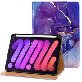 DTTO - Case for iPad Mini 7 (A17 Pro) 2024 / Mini 6 2021 8.3" - Leather Folio Stand with Pencil Holder & Multi-Angle Viewing - Royal Marble