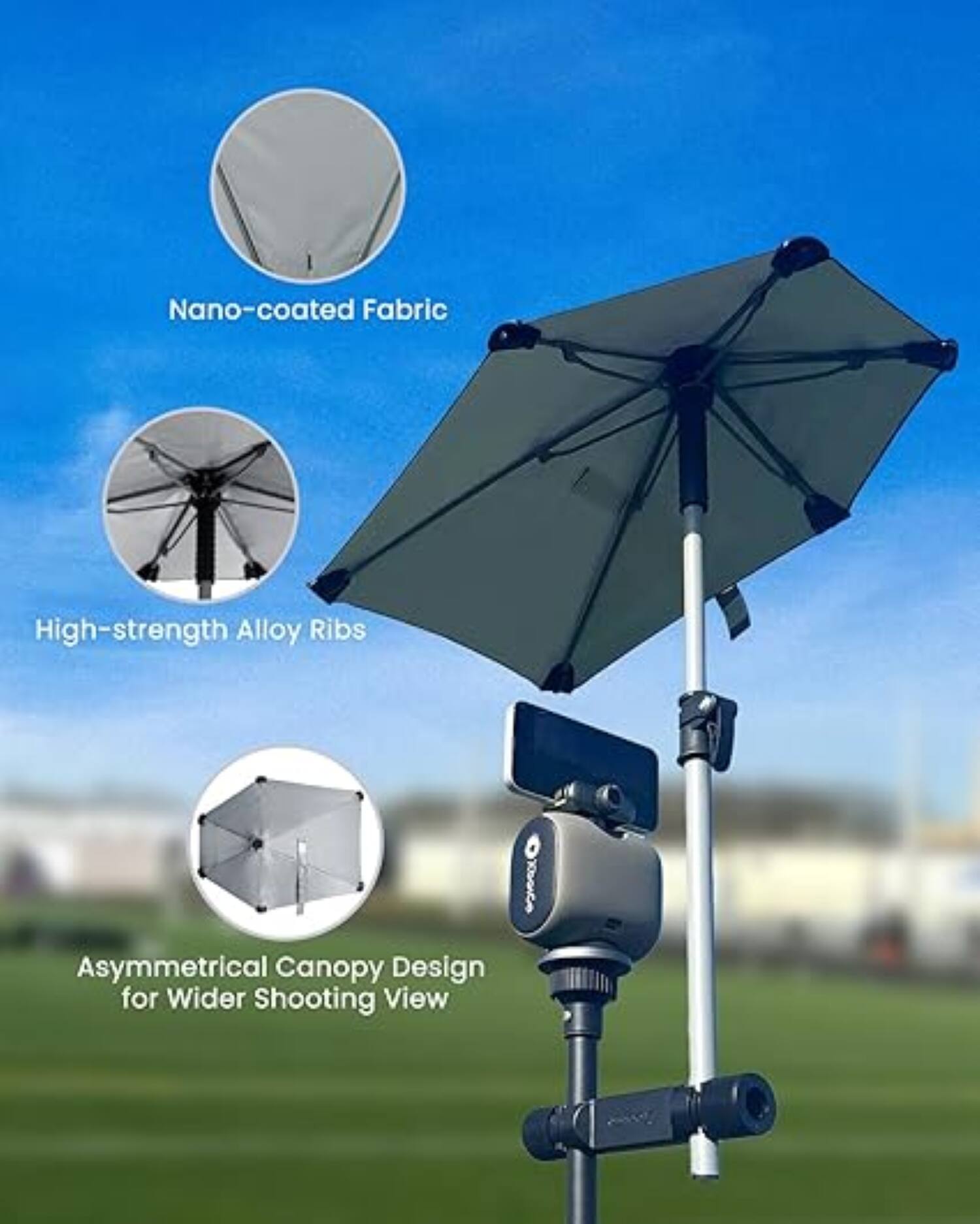 Nano-coated Fabric  
High-strength Alloy Ribs  
Asymmetrical Canopy Design for Wider Shooting View