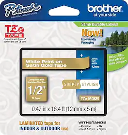 Brother - P-touch TZe-MQ835 Laminated Label Maker Tape, 1/2" x 16-4/10', White on Satin Gold (TZe-MQ835) - White on Gold