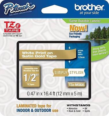 Brother - P-touch TZe-MQ835 Laminated Label Maker Tape, 1/2" x 16-4/10', White on Satin Gold (TZe-MQ835) - White on Gold