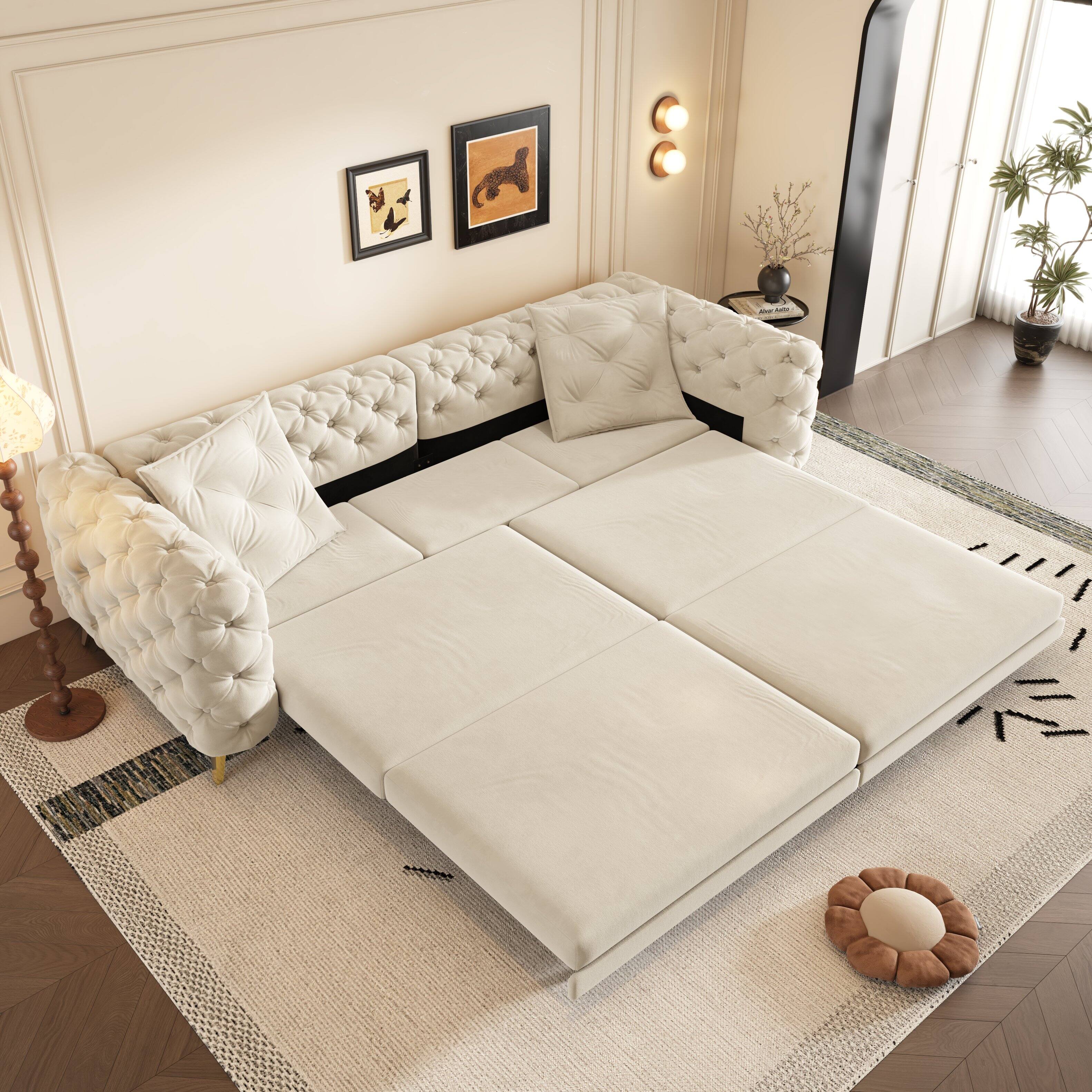 Left. Anysun - 97.7" 3-in-1 Convertible Sleeper Sofa - Deep Seat Pull Out Bed, Button Tufted Design, Includes Movable Ottoman - White.
