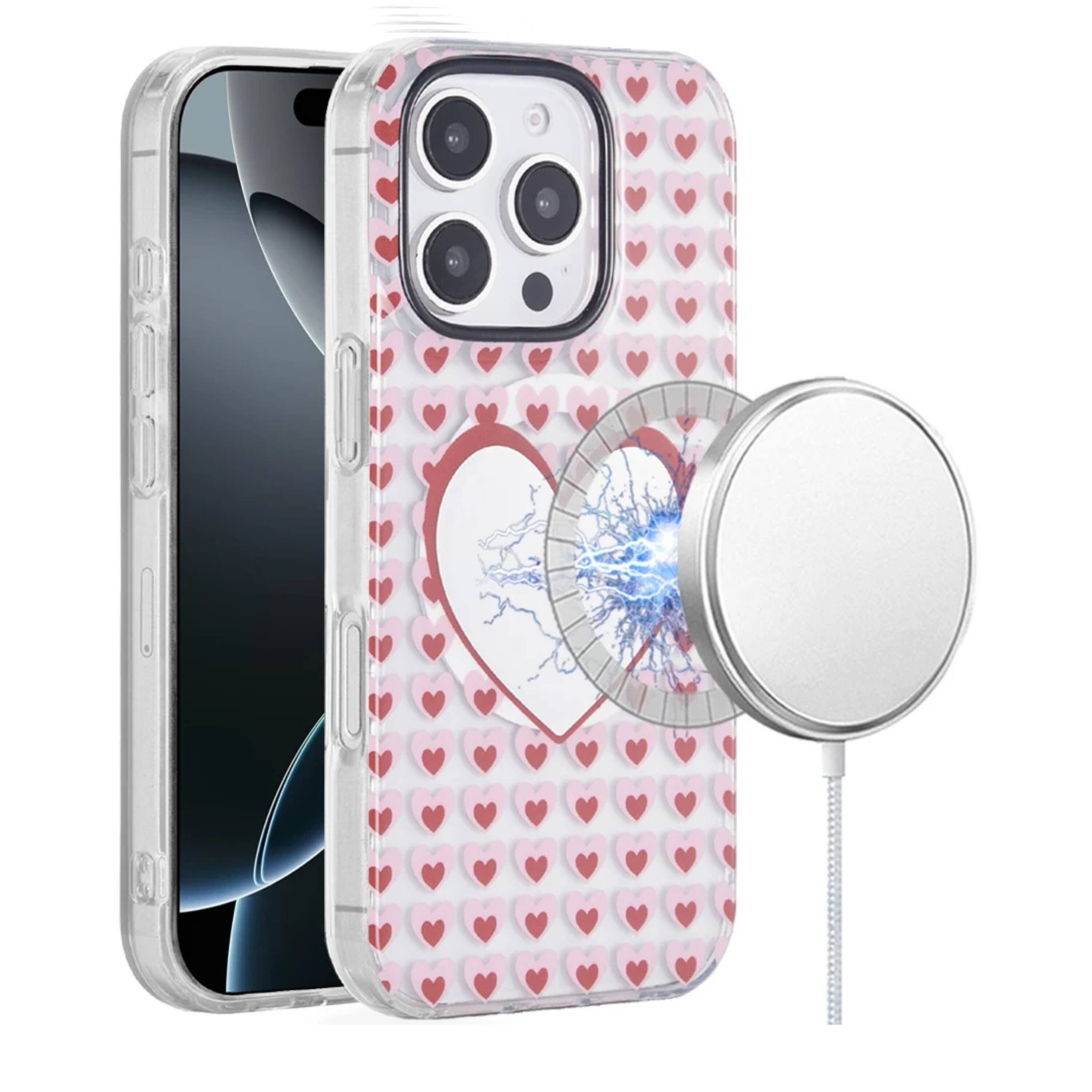 Front. Kitcheniva - 2 Layer TPU Design Magnetic Circle Phone Case With Tempered Glass For iPhone 16 Pro 6.3 Inch Mirror - Hearts.