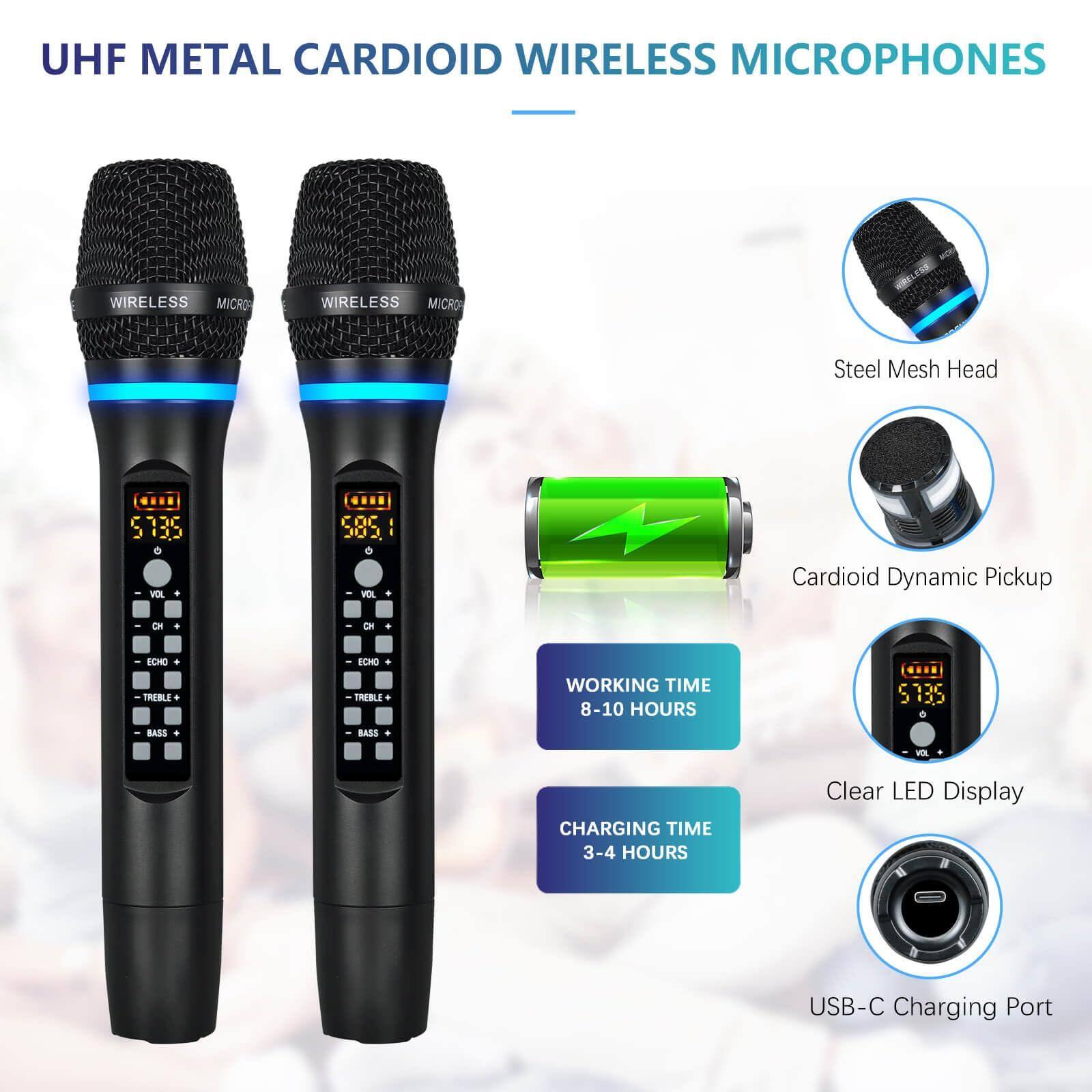 UHF Metal Cardioid Wireless Microphones

- Steel Mesh Head
- Cardioid Dynamic Pickup
- Clear LED Display
- USB-C Charging Port

Features:
- Working Time: 8-10 Hours
- Charging Time: 3-4 Hours

Controls:
- VOL (Volume)
- CH (Channel)
- ECHO (Echo)
- TREBLE (Treble)
- BASS (Bass)